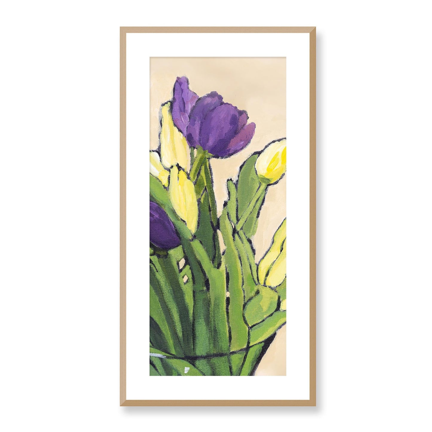 Framed Fine Art Print, White Mat - 16x32 inches | Purple & Yellow Tulips, FPT-1060-1117-001, Prints, Fine art, Natural Frame, 41 x 81 cm ,16 x 32 inches