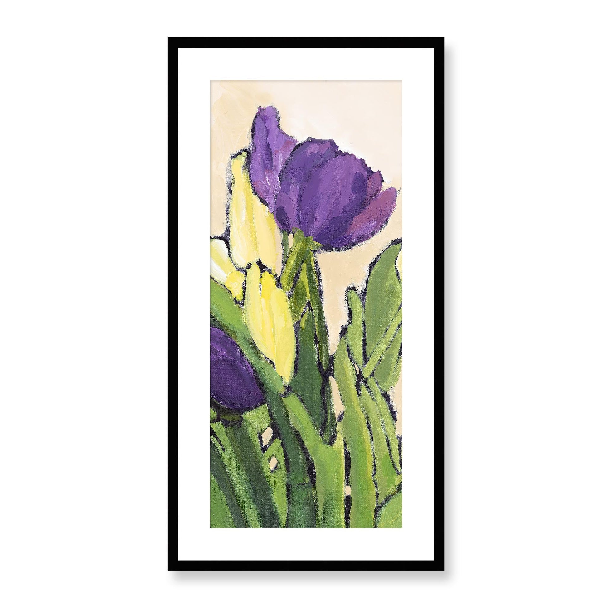Framed Fine Art Print, White Mat - 16x32 inches | Purple & Yellow Tulips, FPT-1060-1117-002, Prints, Fine art, Black Frame, 41 x 81 cm ,16 x 32 inches