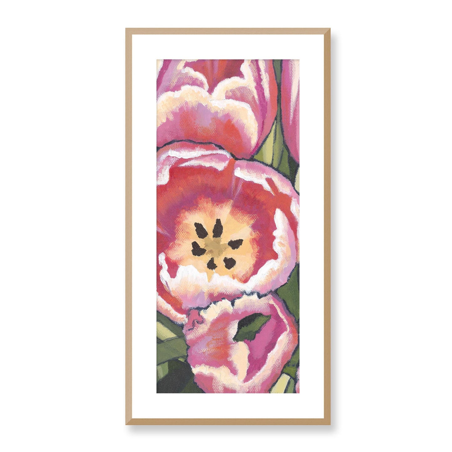 Framed Fine Art Print, White Mat - 16x32 inches | Pink Tulips, FPT-1080-1123, Prints, Fine art, Natural Frame, 41 x 81 cm ,16 x 32 inches