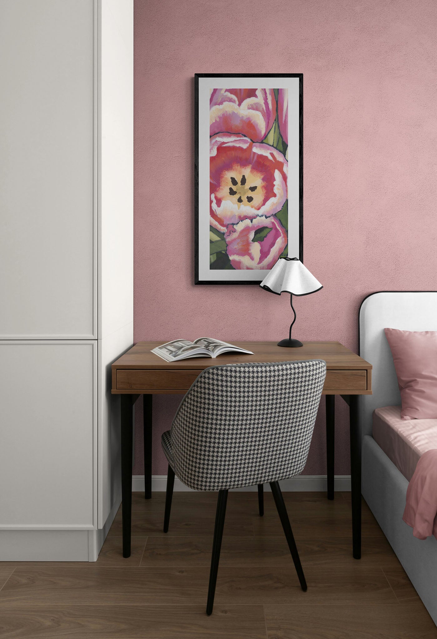 Framed Fine Art Print, White Mat - 16x32 inches | Pink Tulips, FPT-1080
