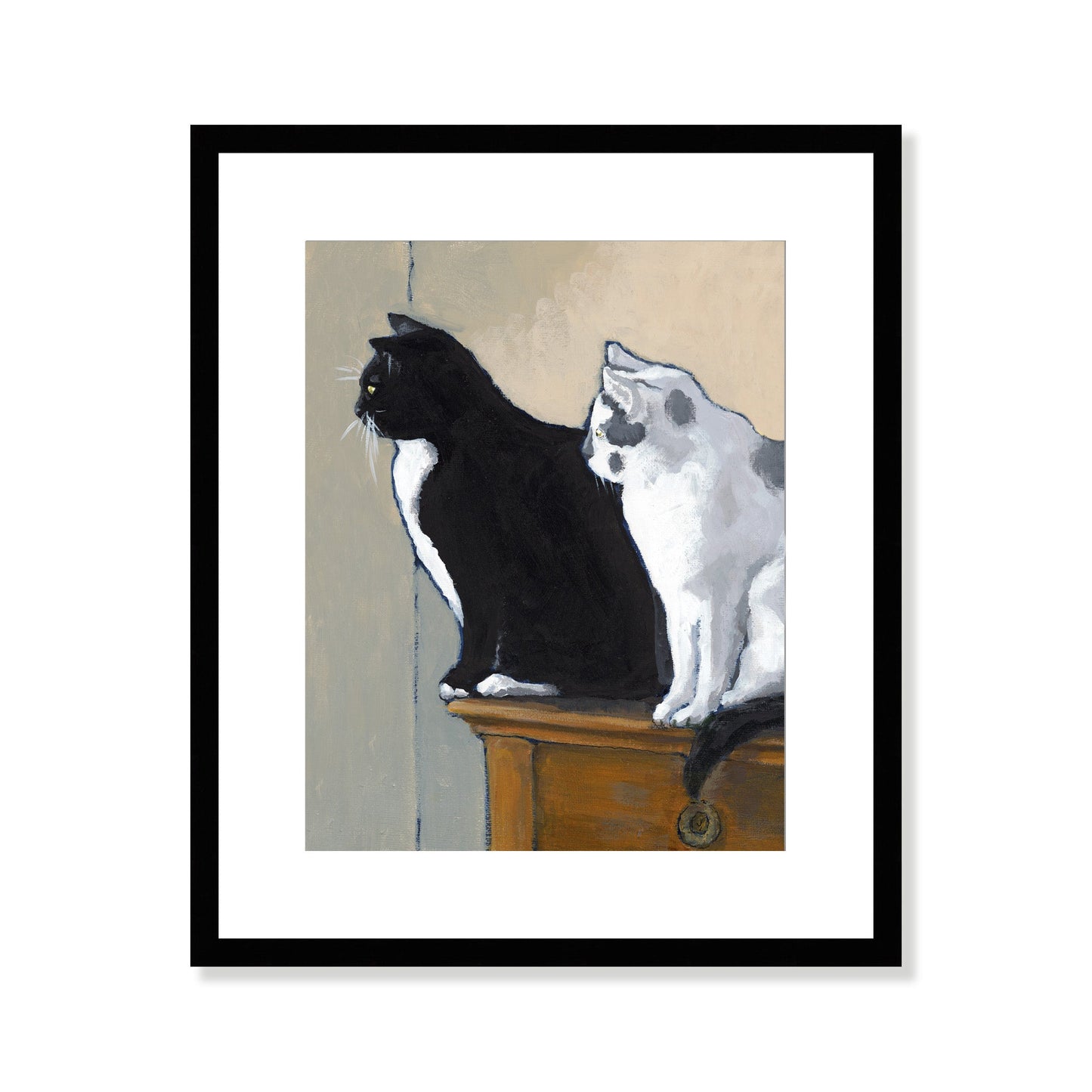 Framed & Mounted Fine Art Print, White Mat - 15x18 inches | Black Cat White Cat in Acrylic, FPV-1000-1122, Prints, Fine art, Black Frame, 38 x 46 cm ,15 x 18 inches