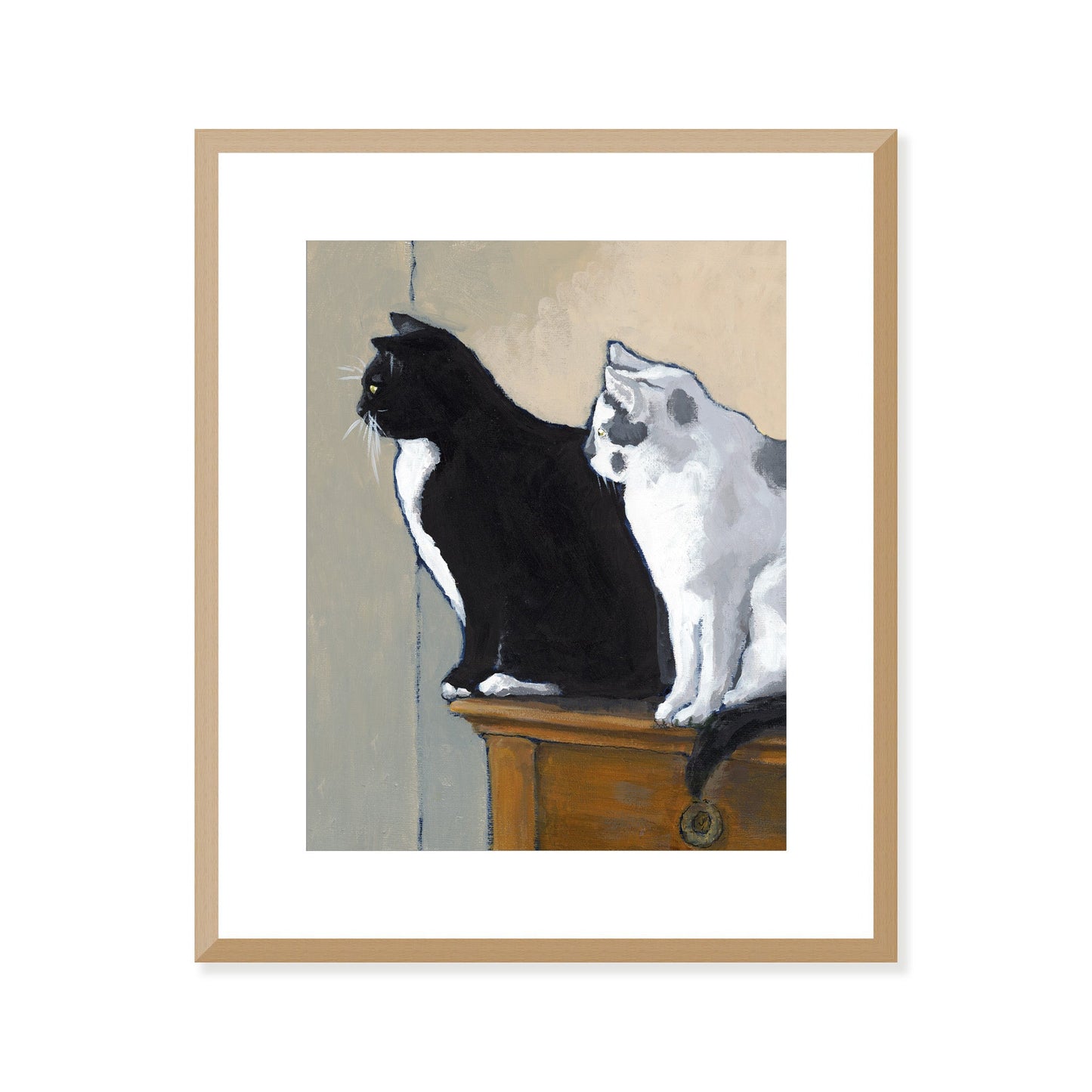Framed & Mounted Fine Art Print, White Mat - 15x18 inches | Black Cat White Cat in Acrylic, FPV-1000-1122, Prints, Fine art, Natural Frame, 38 x 46 cm ,15 x 18 inches