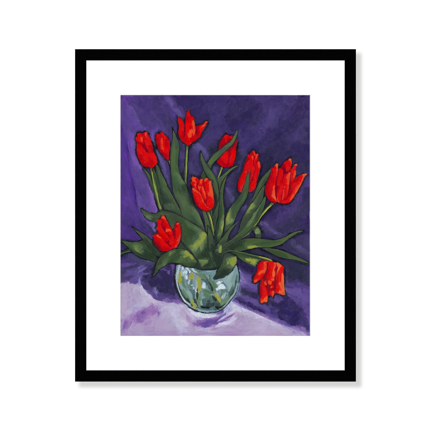 Framed Fine Art Print, White Mat - 15x18 inches | Red Tulips in Acrylic, FPV-1111-001, Prints, Fine art, Black Frame, 38 x 46 cm ,15 x 18 inches