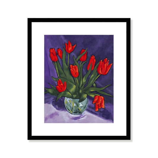 Framed Fine Art Print, White Mat - 15x18 inches | Red Tulips in Acrylic, FPV-1111-001, Prints, Fine art, Black Frame, 38 x 46 cm ,15 x 18 inches
