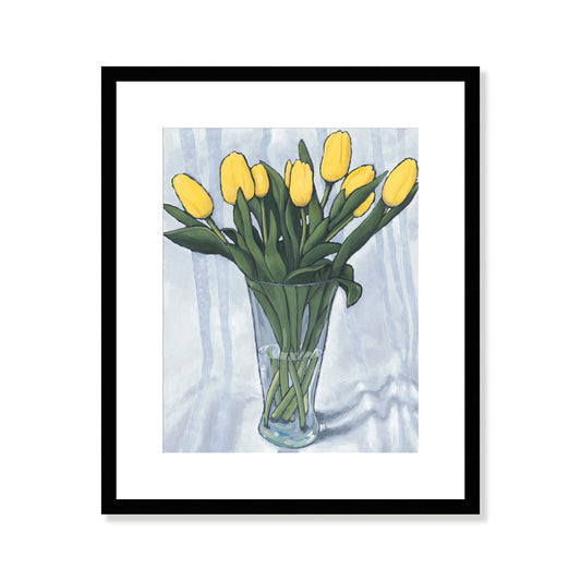 Framed Fine Art Print, White Mat - 15x18 inches | Yellow Tulips in Acrylic, FPV-1120-001, Prints, Fine art, Black Frame, 38 x 46 cm ,15 x 18 inches