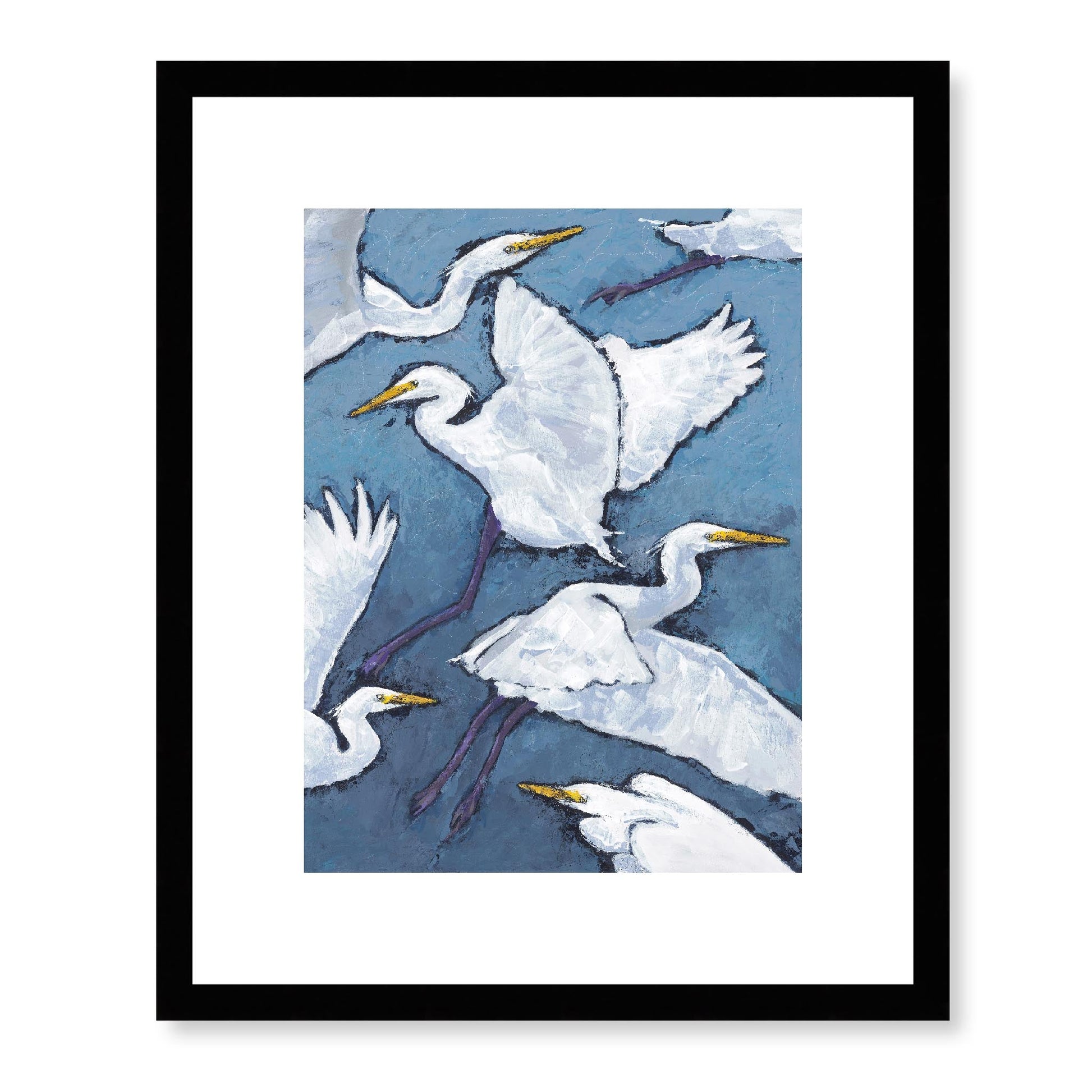 Framed Fine Art Print, White Mat - 13x16 16x20 22x28 28x36 inches | White Herons in Acrylic, FPV-1020, Prints, Fine art, Black Frame, 33 x 41 cm ,13 x 16 inches