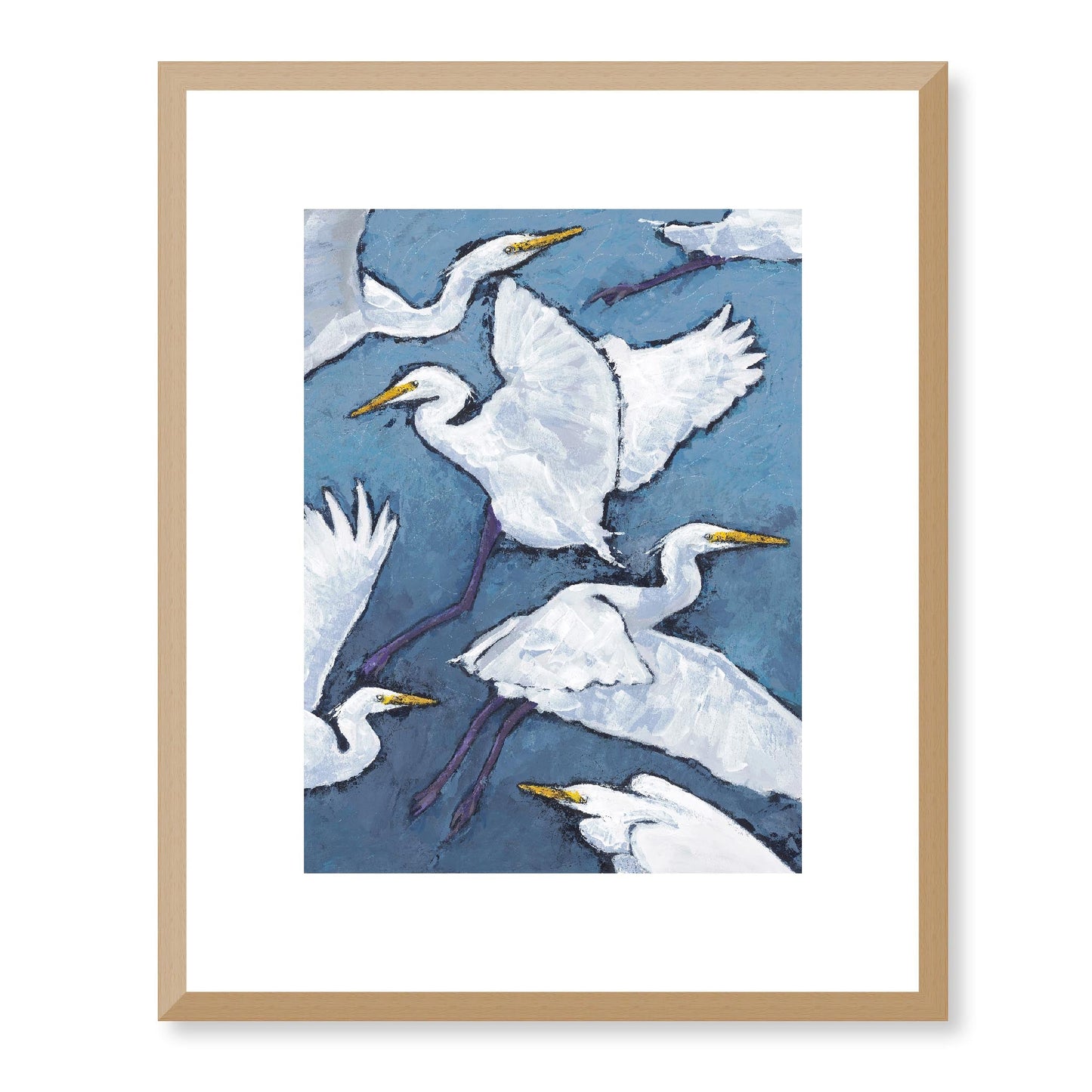 Framed Fine Art Print, White Mat - 13x16 16x20 22x28 28x36 inches | White Herons in Acrylic, FPV-1020, Prints, Fine art, Natural Frame, 33 x 41 cm ,13 x 16 inches