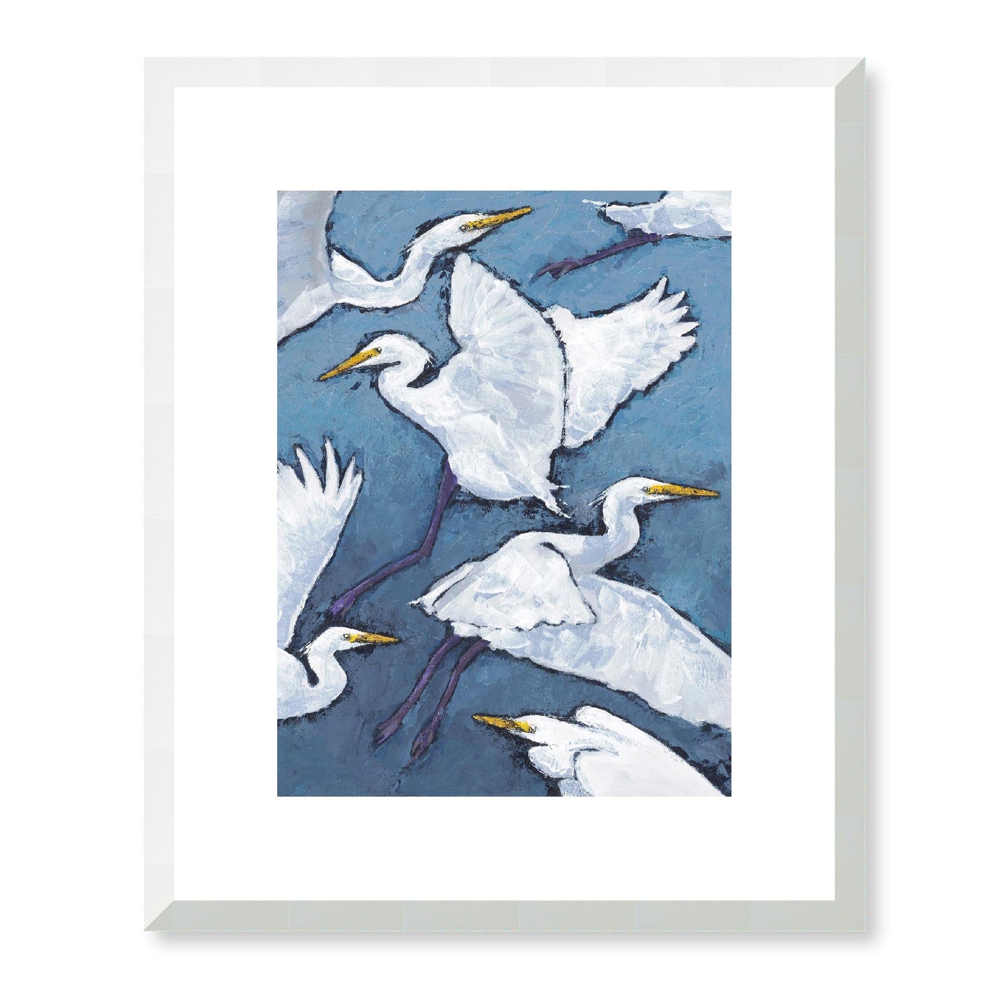 Framed Fine Art Print, White Mat - 13x16 16x20 22x28 28x36 inches | White Herons in Acrylic, FPV-1020, Prints, Fine art, White Frame, 33 x 41 cm ,13 x 16 inches