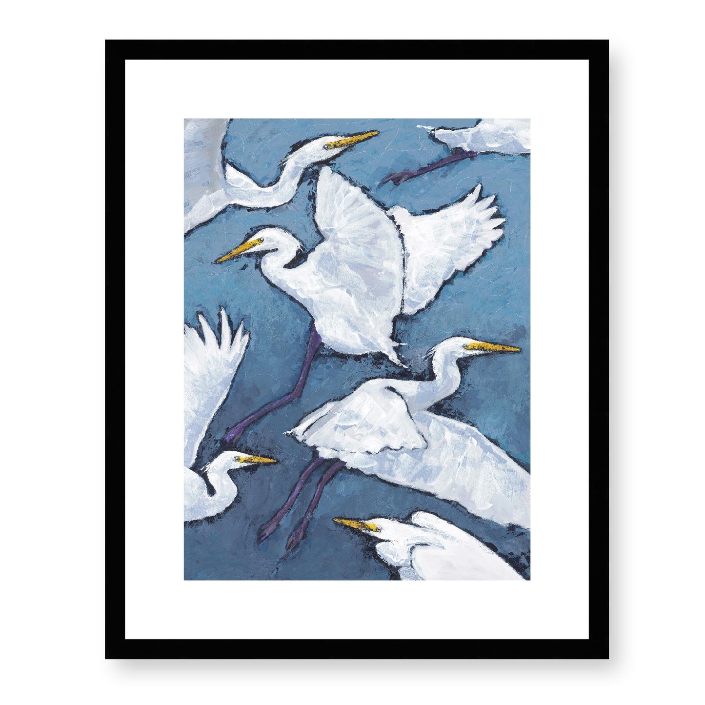Framed Fine Art Print, White Mat - 13x16 16x20 22x28 28x36 inches | White Herons in Acrylic, FPV-1020, Prints, Fine art, Black Frame, 41 x 51 cm ,16 x 20 inches