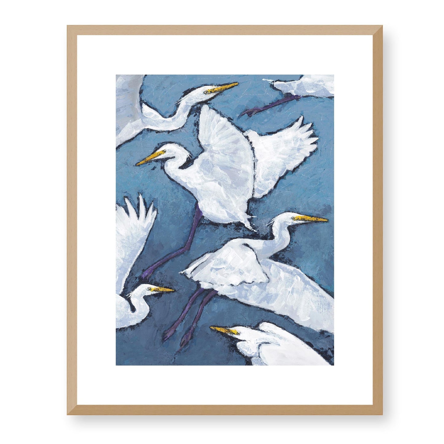 Framed Fine Art Print, White Mat - 13x16 16x20 22x28 28x36 inches | White Herons in Acrylic, FPV-1020, Prints, Fine art, Natural Frame, 41 x 51 cm ,16 x 20 inches