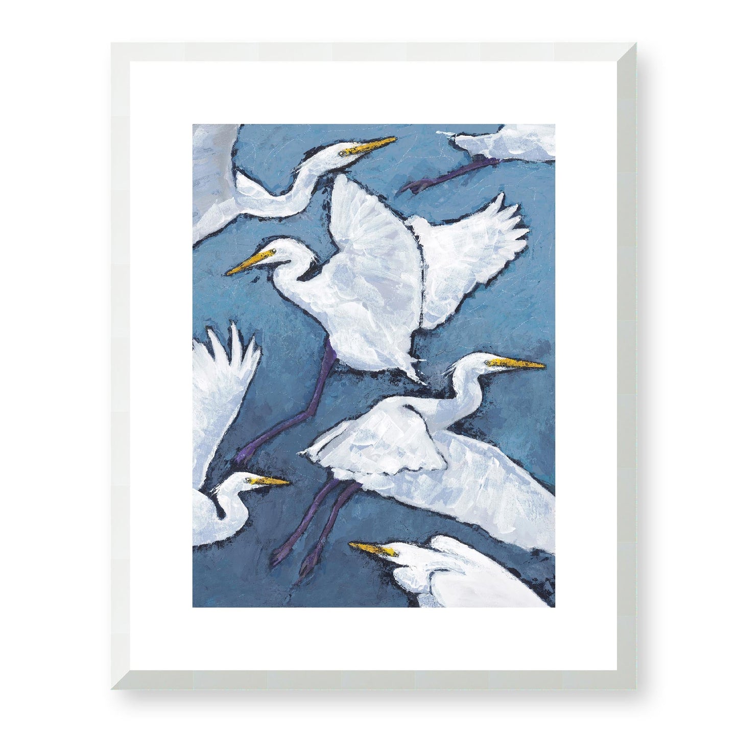Framed Fine Art Print, White Mat - 13x16 16x20 22x28 28x36 inches | White Herons in Acrylic, FPV-1020, Prints, Fine art, White Frame, 41 x 51 cm ,16 x 20 inches
