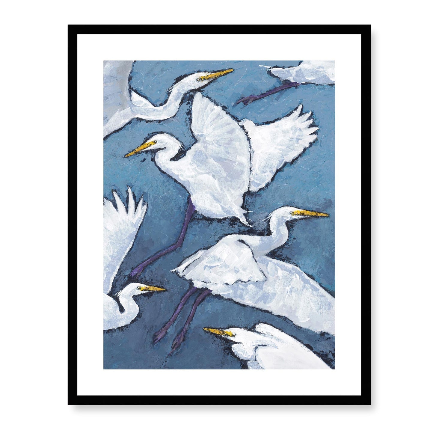 Framed Fine Art Print, White Mat - 13x16 16x20 22x28 28x36 inches | White Herons in Acrylic, FPV-1020, Prints, Fine art, Black Frame, 56 x 71 cm ,22 x 28 inches