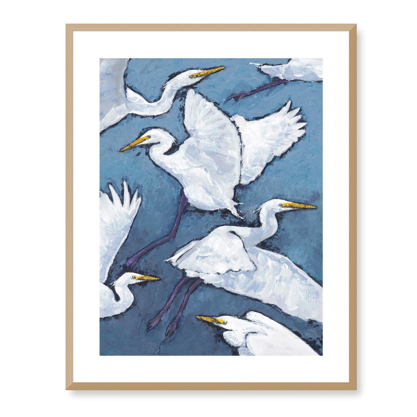 Framed Fine Art Print, White Mat - 13x16 16x20 22x28 28x36 inches | White Herons in Acrylic, FPV-1020, Prints, Fine art, Natural Frame, 56 x 71 cm ,22 x 28 inches