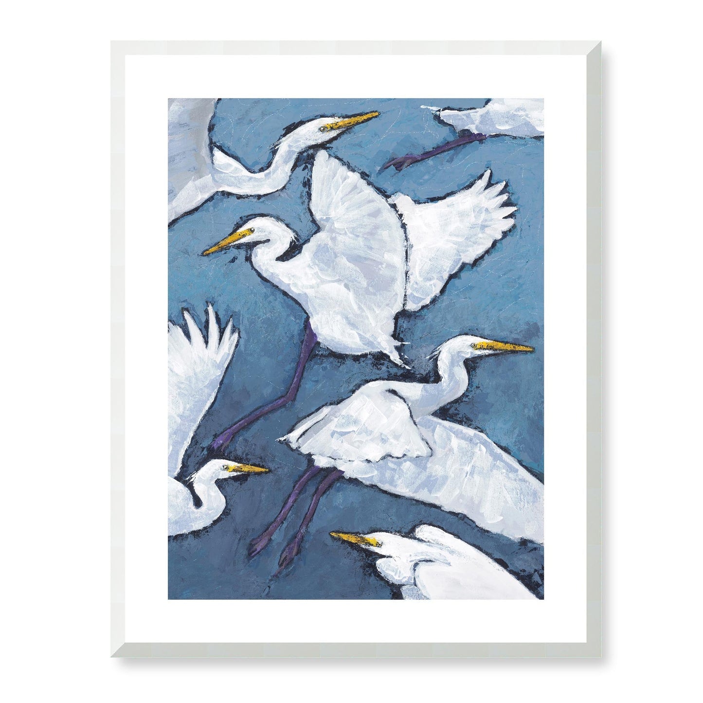 Framed Fine Art Print, White Mat - 13x16 16x20 22x28 28x36 inches | White Herons in Acrylic, FPV-1020, Prints, Fine art, White Frame, 56 x 71 cm ,22 x 28 inches