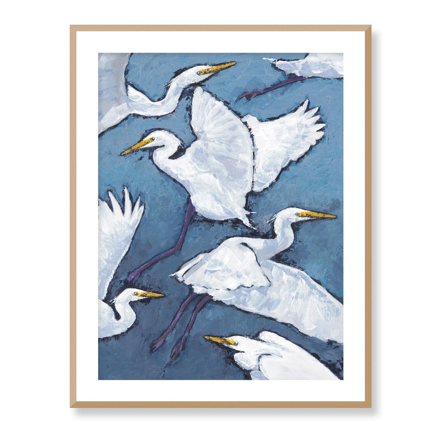 Framed Fine Art Print, White Mat - 13x16 16x20 22x28 28x36 inches | White Herons in Acrylic, FPV-1020, Prints, Fine art, Natural Frame, 71 x 91 cm ,28 x 36 inches