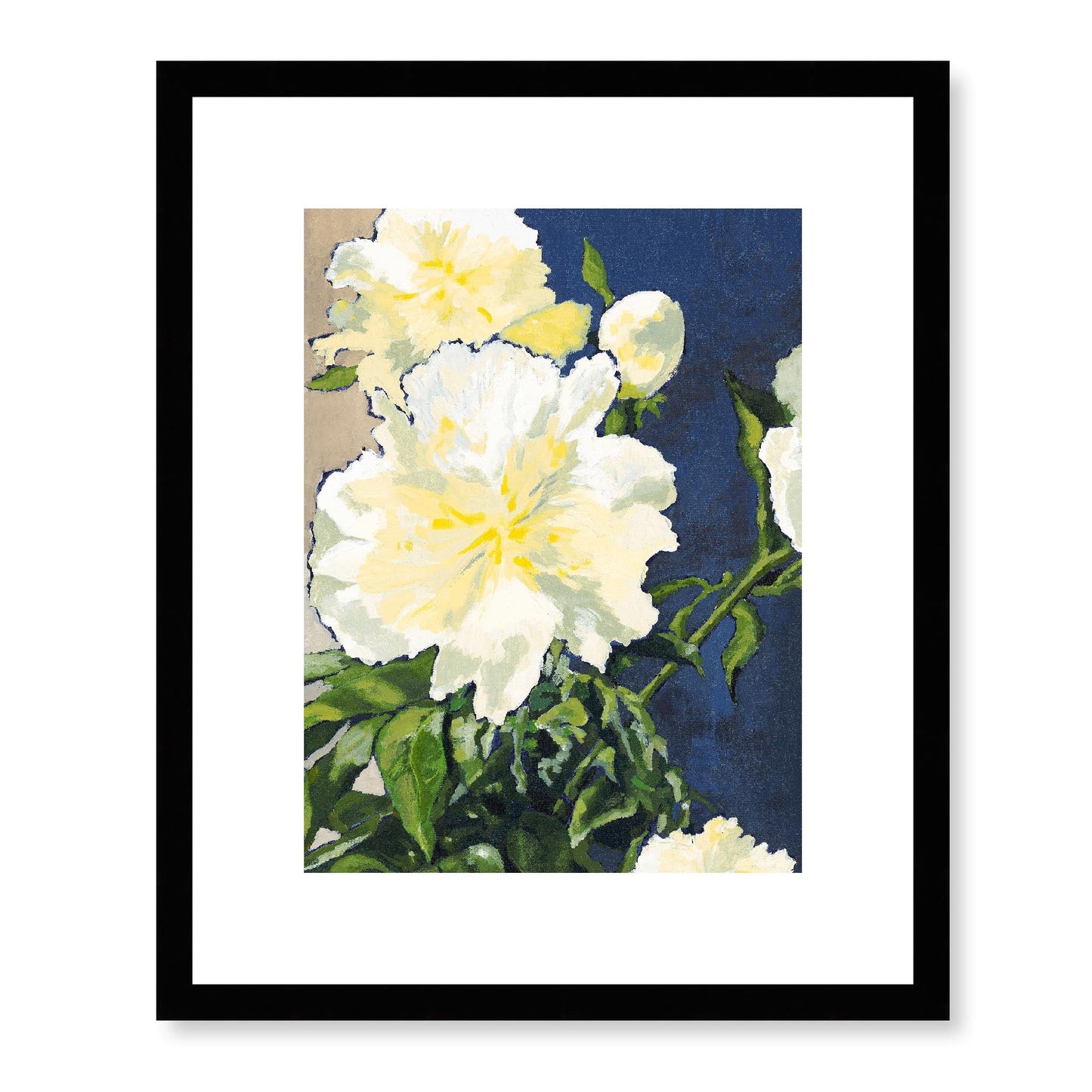 Framed Fine Art Print, White Mat - 13x16 16x20 22x28 28x36 inches | White Peonies in Acrylic, FPV-1050-001, Prints, Fine art, Black Frame, 33 x 41 cm ,13 x 16 inches