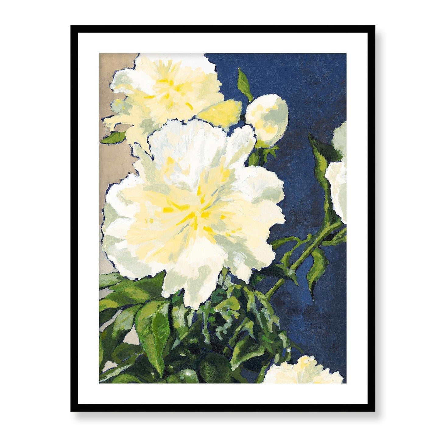 Framed Fine Art Print, White Mat - 13x16 16x20 22x28 28x36 inches | White Peonies in Acrylic, FPV-1050-001, Prints, Fine art, Black Frame, 71 x 91 cm ,28 x 36 inches