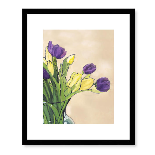 Framed Fine Art Print, White Mat - 13x16 16x20 22x28 28x36 inches | Purple & Yellow Tulips in Acrylic, FPV-1060, Prints, Fine art, Black Frame, 33 x 41 cm ,13 x 16 inches