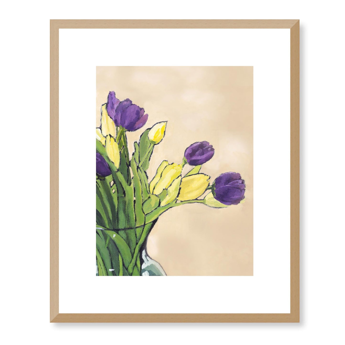 Framed Fine Art Print, White Mat - 13x16 16x20 22x28 28x36 inches | Purple & Yellow Tulips in Acrylic, FPV-1060, Prints, Fine art, Natural Frame, 33 x 41 cm ,13 x 16 inches