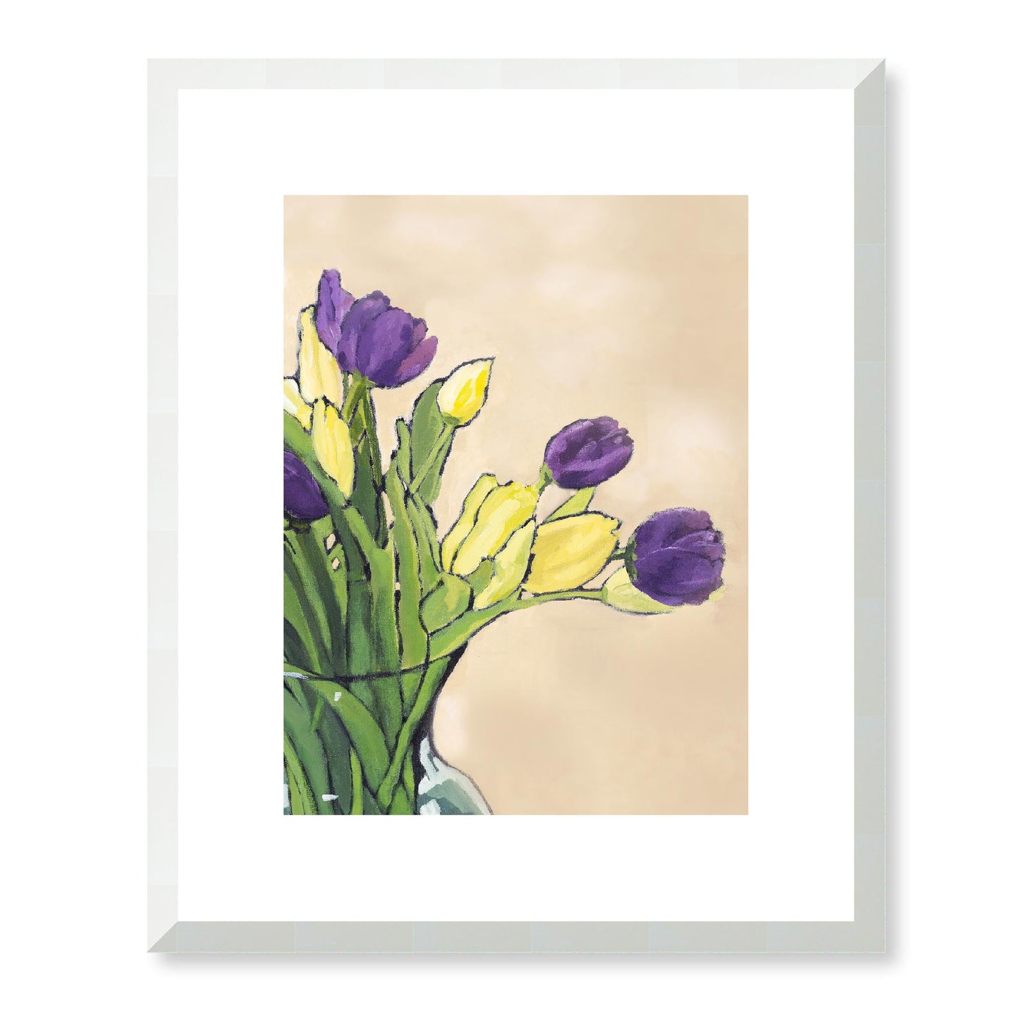 Framed Fine Art Print, White Mat - 13x16 16x20 22x28 28x36 inches | Purple & Yellow Tulips in Acrylic, FPV-1060, Prints, Fine art, White Frame, 33 x 41 cm ,13 x 16 inches