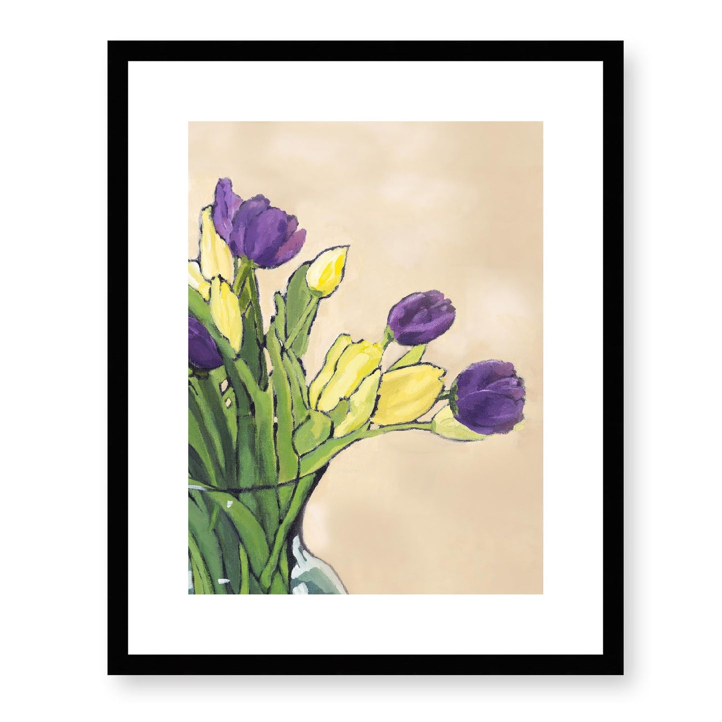 Framed Fine Art Print, White Mat - 13x16 16x20 22x28 28x36 inches | Purple & Yellow Tulips in Acrylic, FPV-1060, Prints, Fine art, Black Frame, 41 x 51 cm ,16 x 20 inches