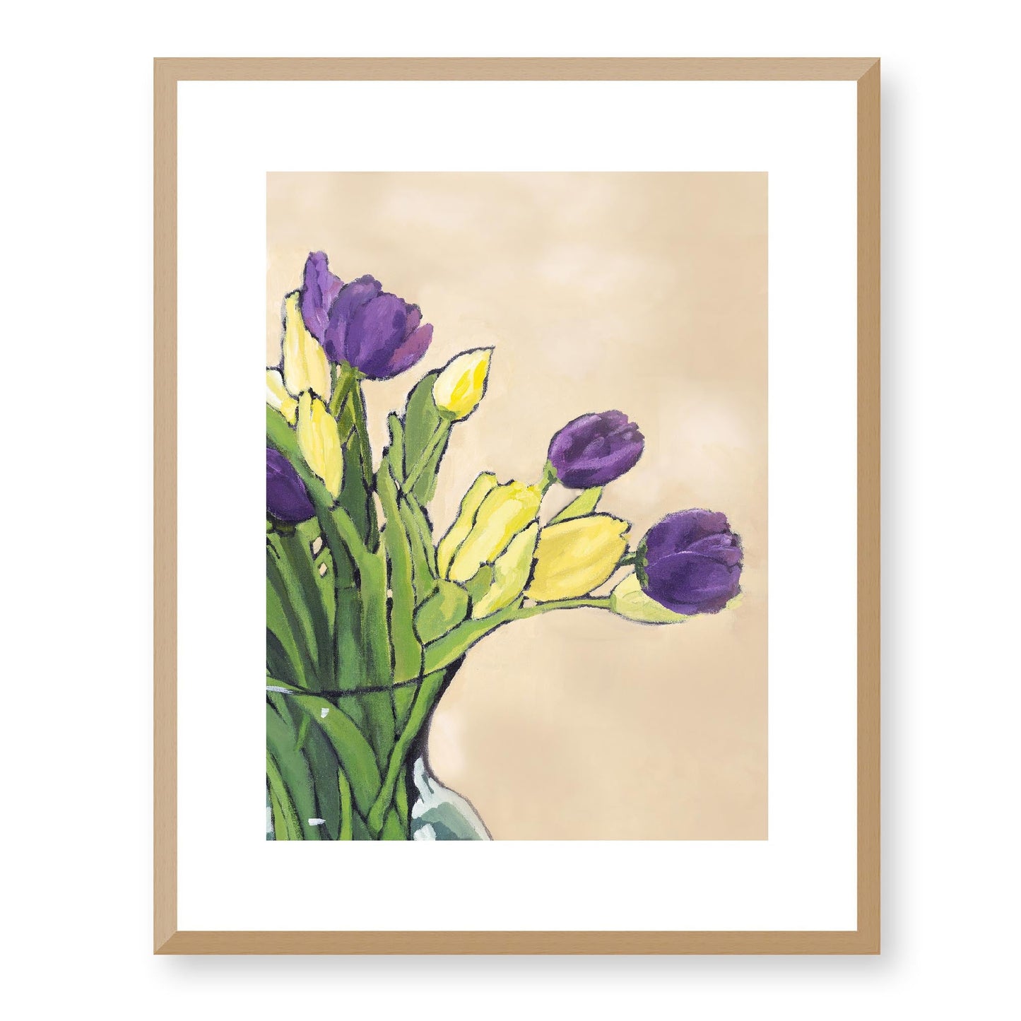 Framed Fine Art Print, White Mat - 13x16 16x20 22x28 28x36 inches | Purple & Yellow Tulips in Acrylic, FPV-1060, Prints, Fine art, Natural Frame, 41 x 51 cm ,16 x 20 inches