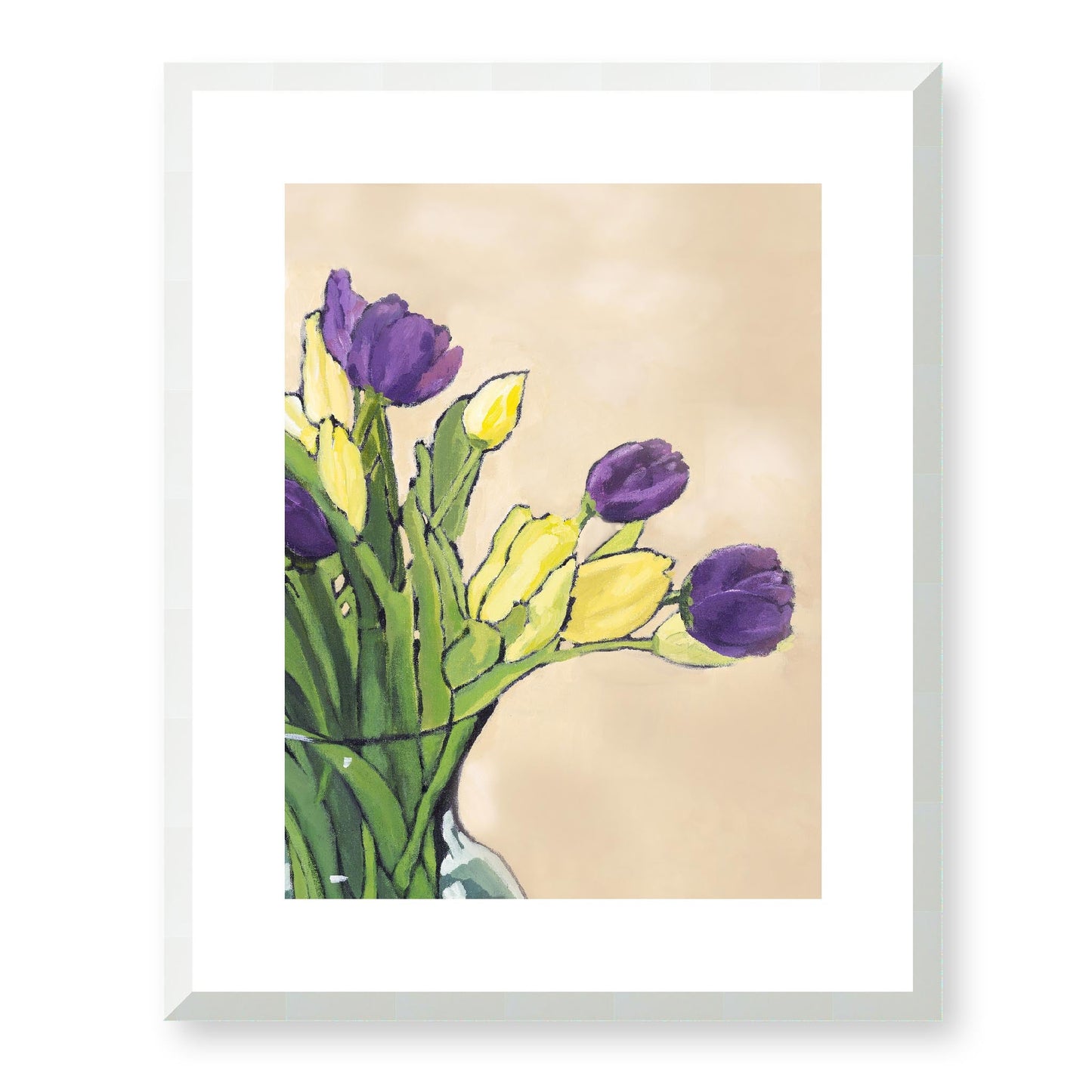 Framed Fine Art Print, White Mat - 13x16 16x20 22x28 28x36 inches | Purple & Yellow Tulips in Acrylic, FPV-1060, Prints, Fine art, White Frame, 41 x 51 cm ,16 x 20 inches