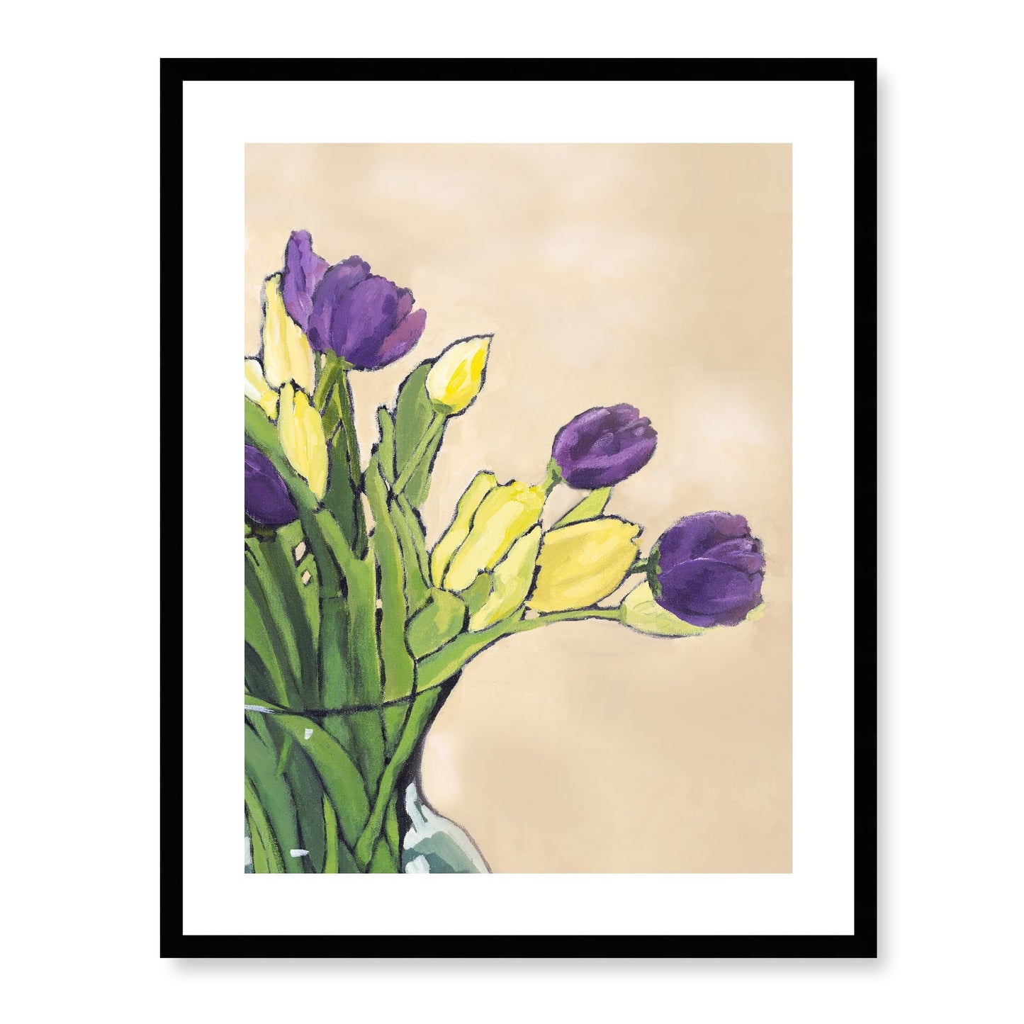 Framed Fine Art Print, White Mat - 13x16 16x20 22x28 28x36 inches | Purple & Yellow Tulips in Acrylic, FPV-1060, Prints, Fine art, Black Frame, 56 x 71 cm ,22 x 28 inches