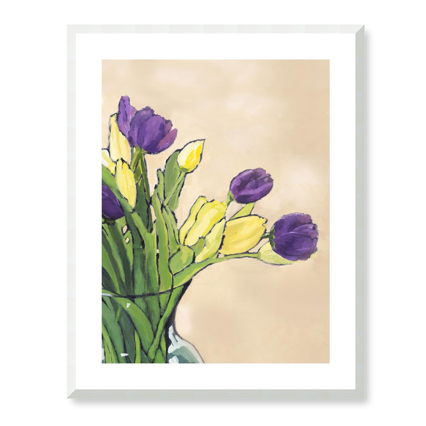 Framed Fine Art Print, White Mat - 13x16 16x20 22x28 28x36 inches | Purple & Yellow Tulips in Acrylic, FPV-1060, Prints, Fine art, White Frame, 56 x 71 cm ,22 x 28 inches