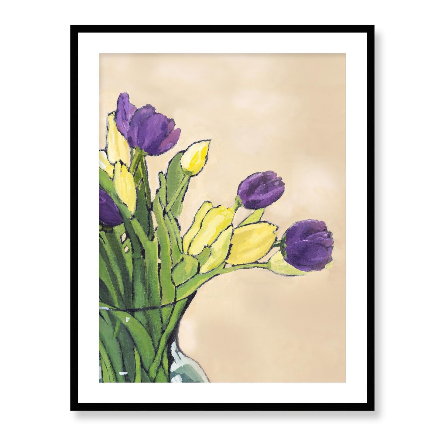 Framed Fine Art Print, White Mat - 13x16 16x20 22x28 28x36 inches | Purple & Yellow Tulips in Acrylic, FPV-1060, Prints, Fine art, Black Frame, 71 x 91 cm ,28 x 36 inches
