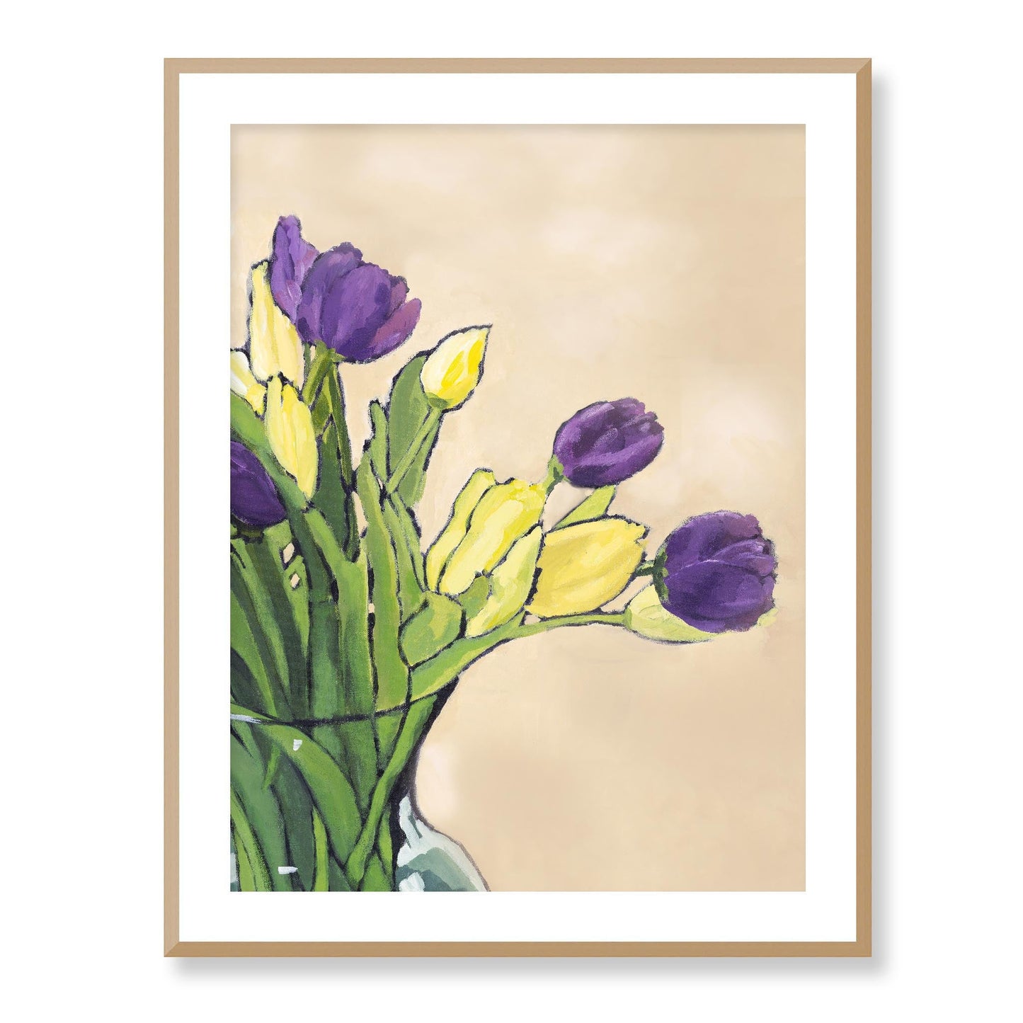 Framed Fine Art Print, White Mat - 13x16 16x20 22x28 28x36 inches | Purple & Yellow Tulips in Acrylic, FPV-1060, Prints, Fine art, Natural Frame, 71 x 91 cm ,28 x 36 inches