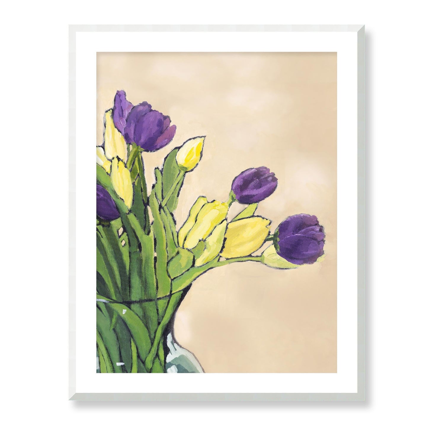 Framed Fine Art Print, White Mat - 13x16 16x20 22x28 28x36 inches | Purple & Yellow Tulips in Acrylic, FPV-1060, Prints, Fine art, White Frame, 71 x 91 cm ,28 x 36 inches