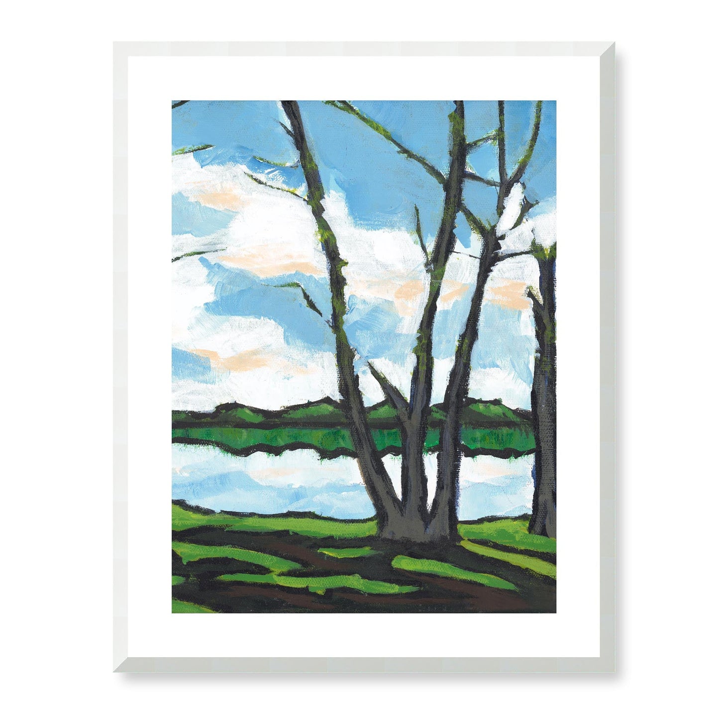 Framed Fine Art Print, White Mat - 13x16 16x20 22x28 28x36 inches | Lakeshore in Acrylic, FPV-1101-001, Prints, Fine art, White Frame, 56 x 71 cm ,22 x 28 inches