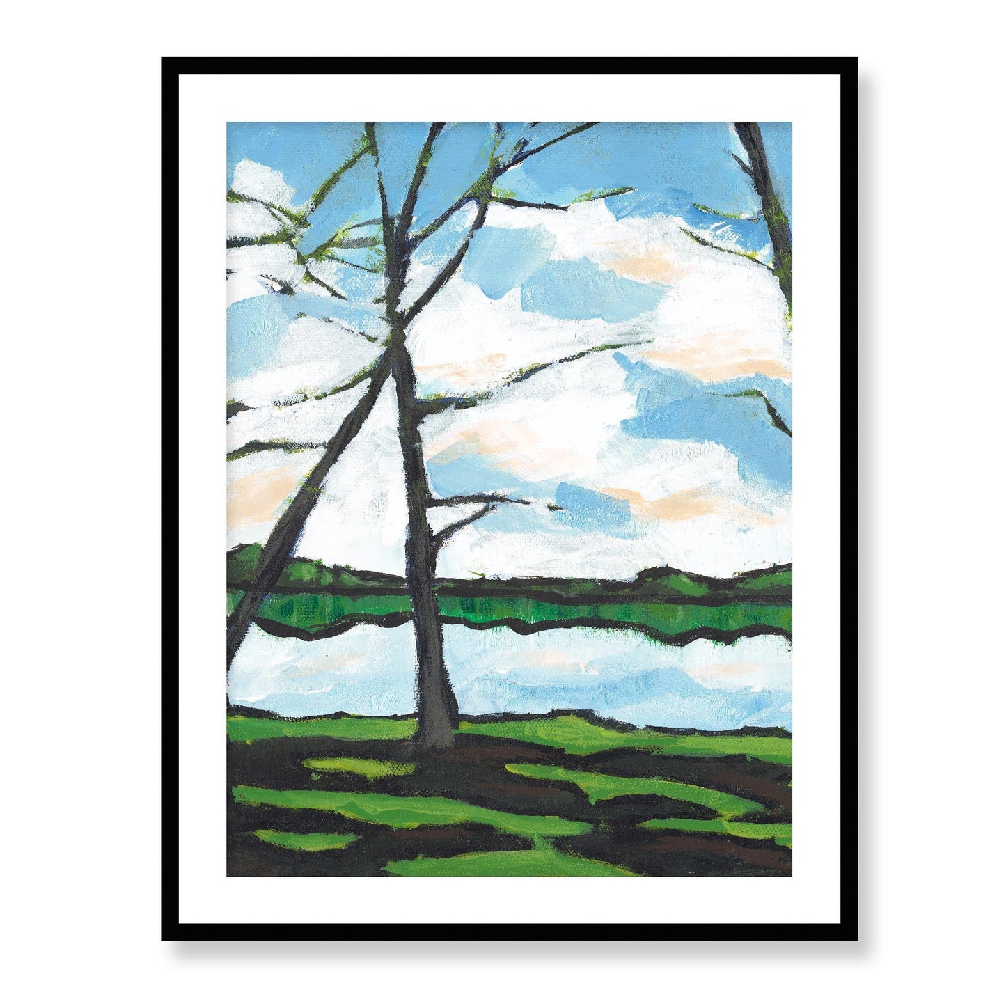 Framed Fine Art Print, White Mat - 13x16 16x20 22x28 28x36 inches | Lakeshore in Acrylic, FPV-1101-002, Prints, Fine art, Black Frame, 71 x 91 cm ,28 x 36 inches