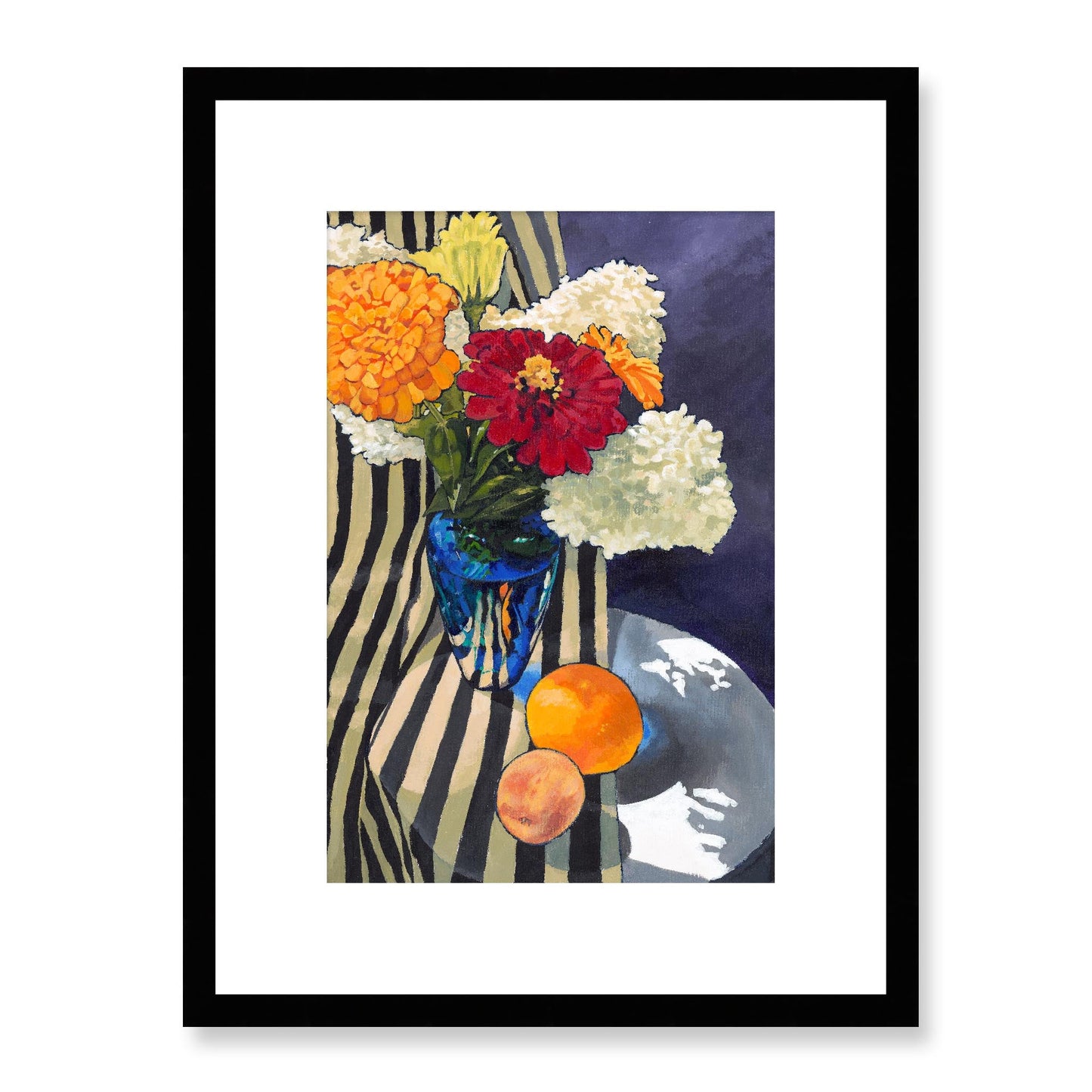 Framed Fine Art Print, White Mat - 12x16 16x22 20x28 24x36 28x40 inches | Hydrangeas & Zinnias in Acrylic, FPV-1030-001, Prints, Fine art, Black Frame, 30 x 41 cm ,12 x 16 inches