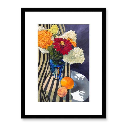 Framed Fine Art Print, White Mat - 12x16 16x22 20x28 24x36 28x40 inches | Hydrangeas & Zinnias in Acrylic, FPV-1030-001, Prints, Fine art, Black Frame, 30 x 41 cm ,12 x 16 inches