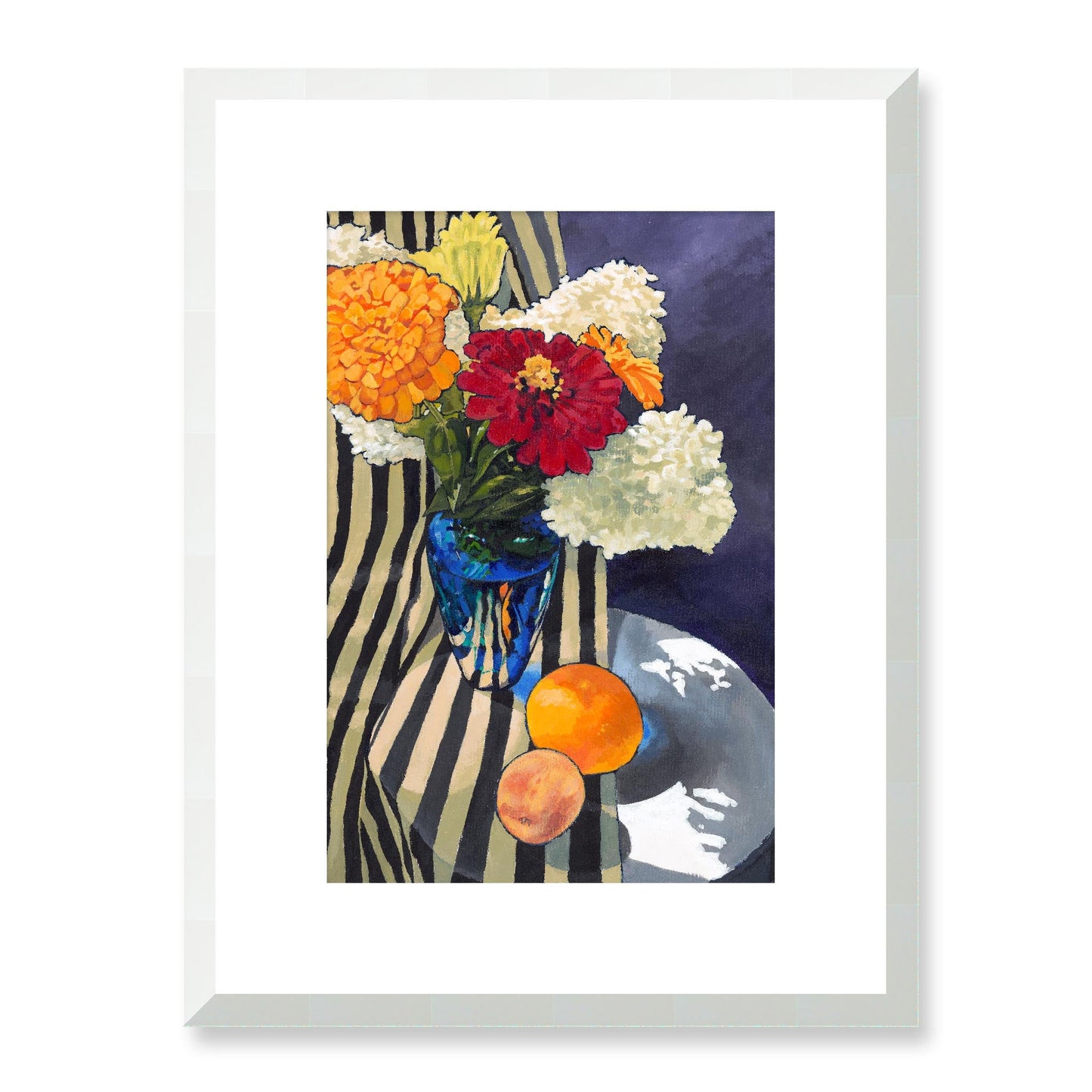 Framed Fine Art Print, White Mat - 12x16 16x22 20x28 24x36 28x40 inches | Hydrangeas & Zinnias in Acrylic, FPV-1030-001, Prints, Fine art, White Frame, 30 x 41 cm ,12 x 16 inches
