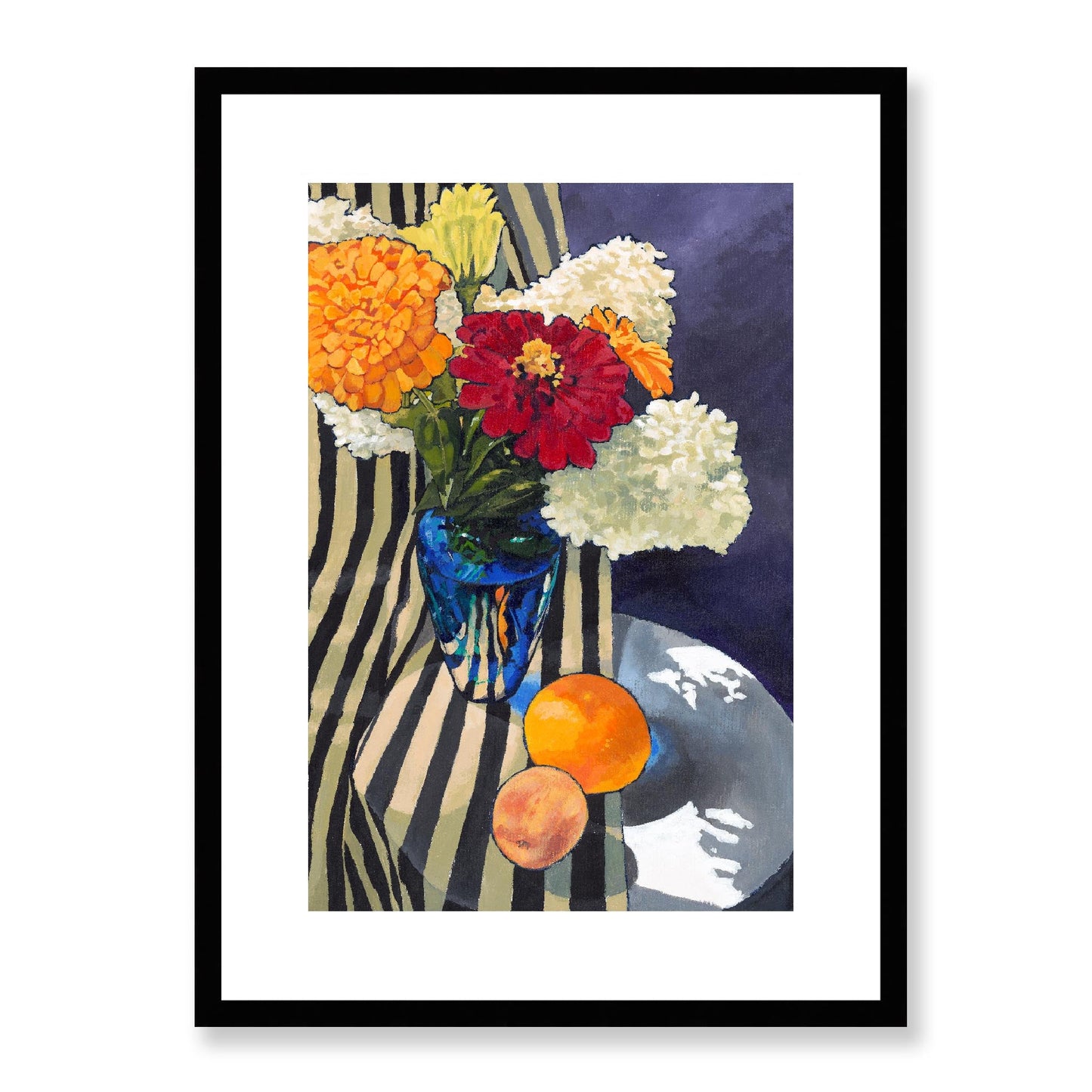 Framed Fine Art Print, White Mat - 12x16 16x22 20x28 24x36 28x40 inches | Hydrangeas & Zinnias in Acrylic, FPV-1030-001, Prints, Fine art, Black Frame, 41 x 56 cm ,16 x 22 inches