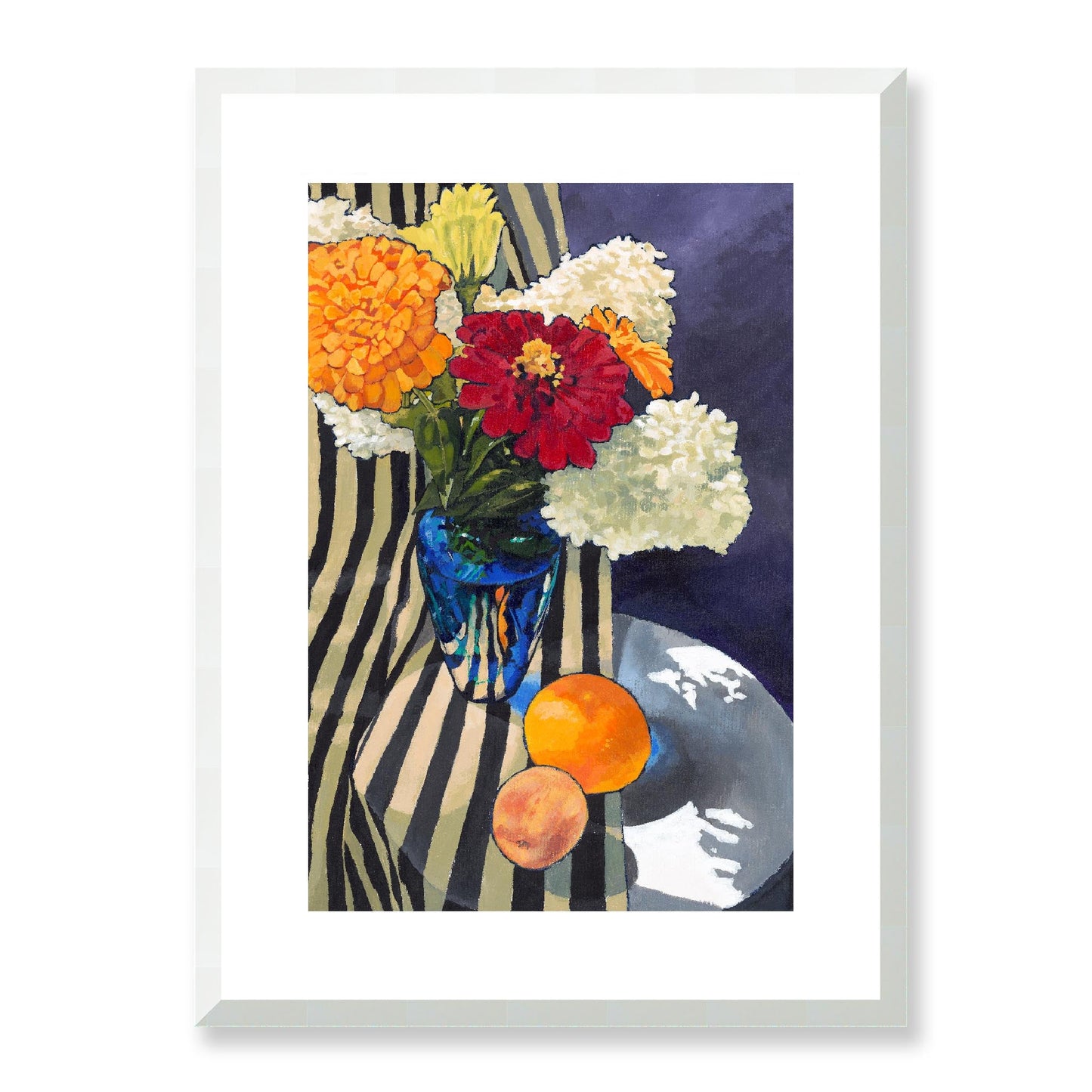 Framed Fine Art Print, White Mat - 12x16 16x22 20x28 24x36 28x40 inches | Hydrangeas & Zinnias in Acrylic, FPV-1030-001, Prints, Fine art, White Frame, 41 x 56 cm ,16 x 22 inches