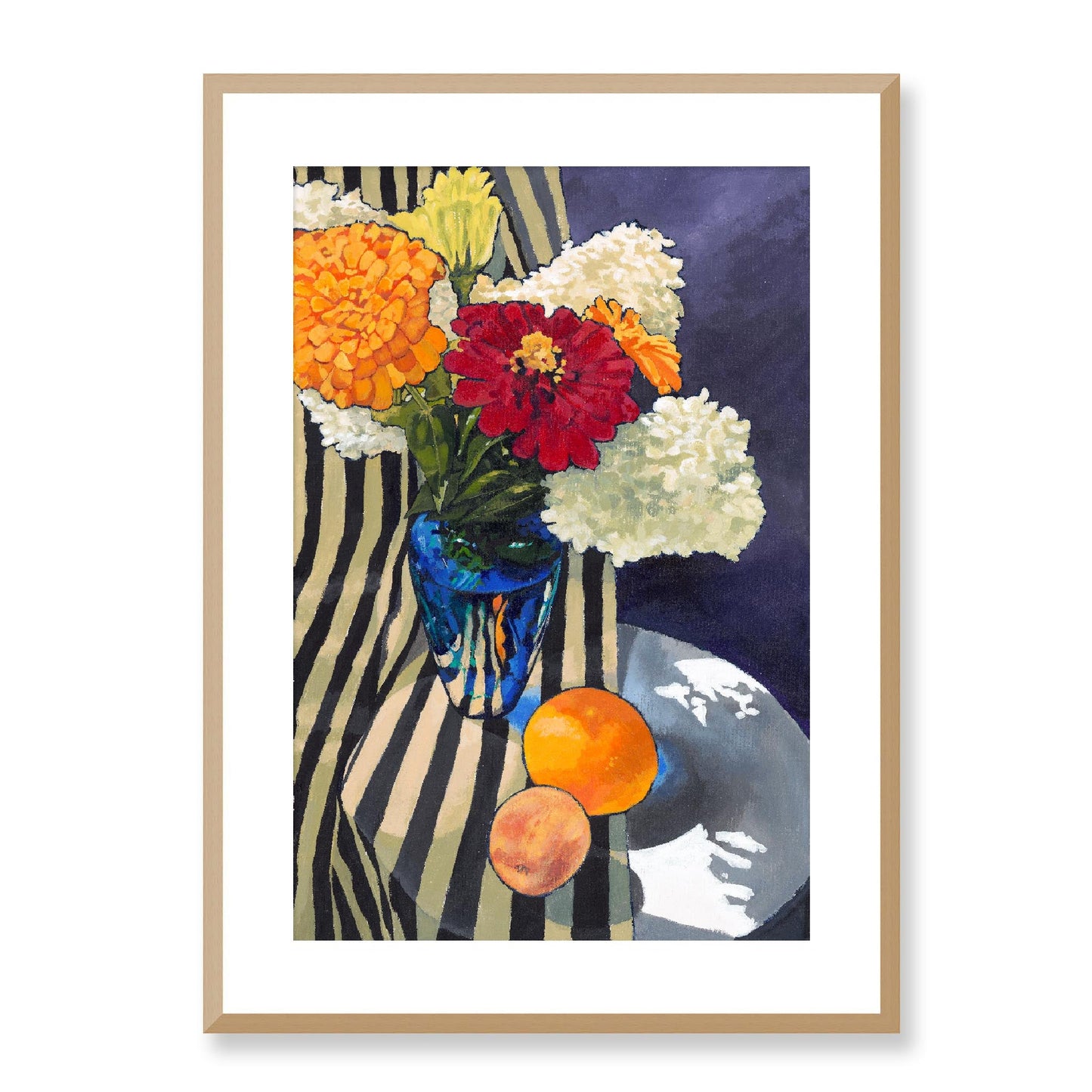 Framed Fine Art Print, White Mat - 12x16 16x22 20x28 24x36 28x40 inches | Hydrangeas & Zinnias in Acrylic, FPV-1030-001, Prints, Fine art, Natural Frame, 51 x 71 cm ,20 x 28 inches