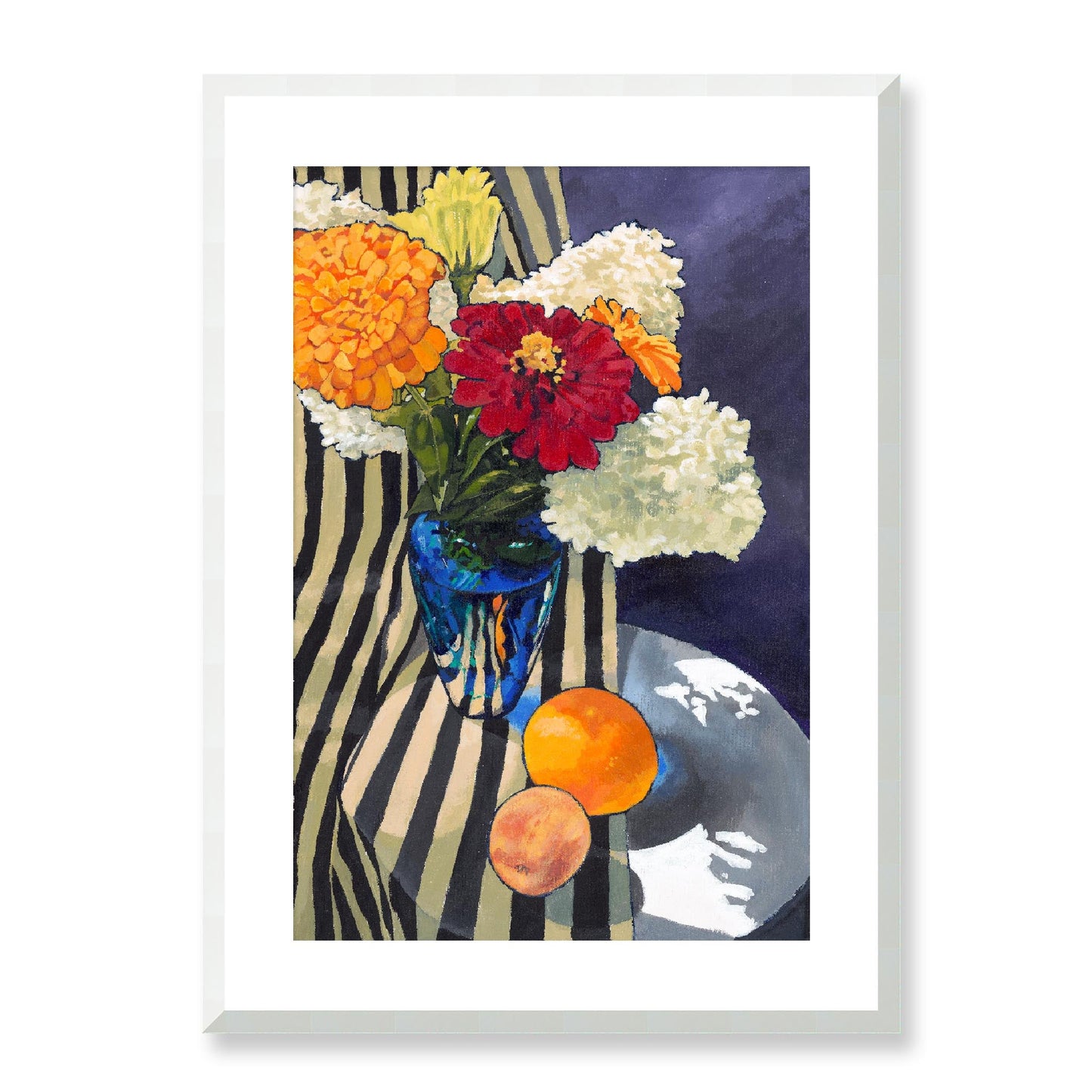 Framed Fine Art Print, White Mat - 12x16 16x22 20x28 24x36 28x40 inches | Hydrangeas & Zinnias in Acrylic, FPV-1030-001, Prints, Fine art, White Frame, 51 x 71 cm ,20 x 28 inches