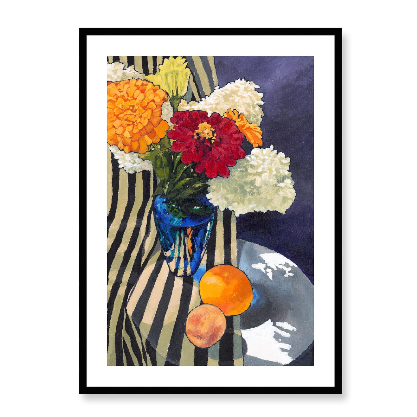 Framed Fine Art Print, White Mat - 12x16 16x22 20x28 24x36 28x40 inches | Hydrangeas & Zinnias in Acrylic, FPV-1030-001, Prints, Fine art, Black Frame, 61 x 86 cm ,24 x 34 inches