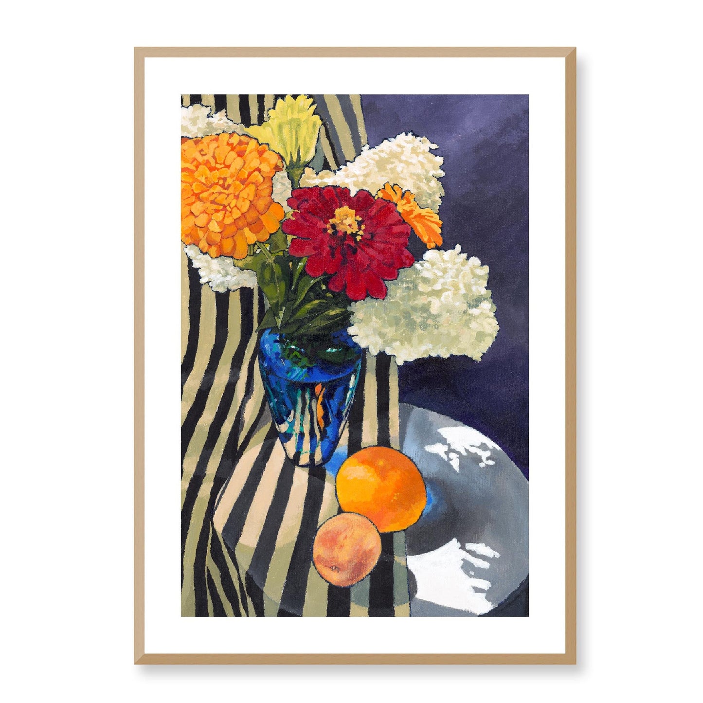 Framed Fine Art Print, White Mat - 12x16 16x22 20x28 24x36 28x40 inches | Hydrangeas & Zinnias in Acrylic, FPV-1030-001, Prints, Fine art, Natural Frame, 61 x 86 cm ,24 x 34 inches