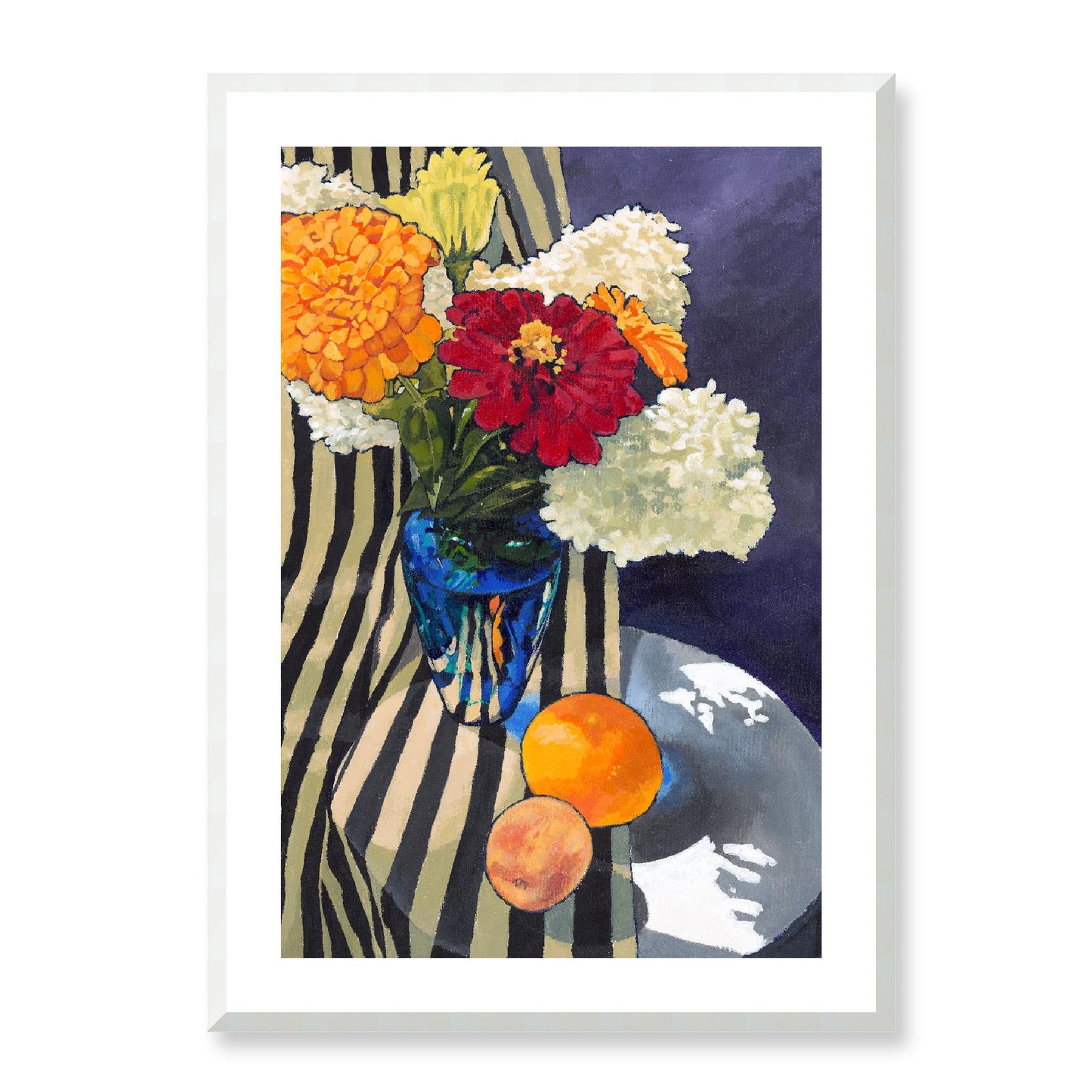 Framed Fine Art Print, White Mat - 12x16 16x22 20x28 24x36 28x40 inches | Hydrangeas & Zinnias in Acrylic, FPV-1030-001, Prints, Fine art, White Frame, 61 x 86 cm ,24 x 34 inches