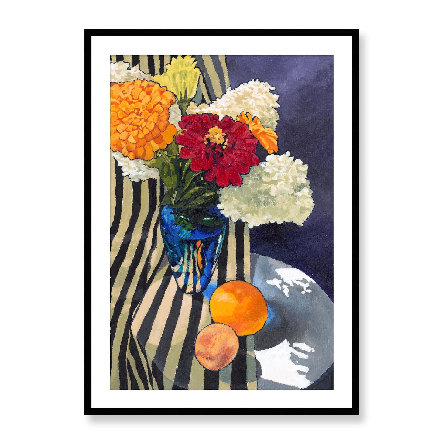 Framed Fine Art Print, White Mat - 12x16 16x22 20x28 24x36 28x40 inches | Hydrangeas & Zinnias in Acrylic, FPV-1030-001, Prints, Fine art, Black Frame, 71 x 102 cm ,28 x 40 inches