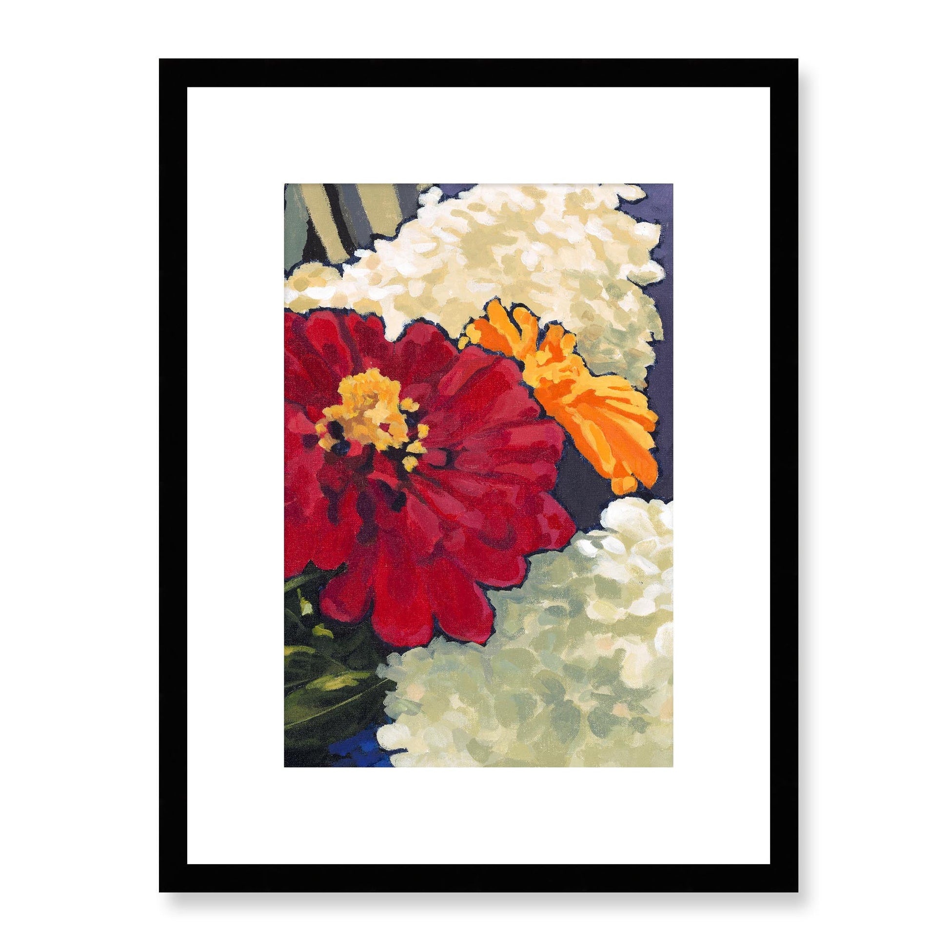 Framed Fine Art Print, White Mat - 12x16 16x22 20x28 24x36 28x40 inches | Hydrangeas & Zinnias in Acrylic, FPV-1030-002, Prints, Fine art, Black Frame, 30 x 41 cm ,12 x 16 inches