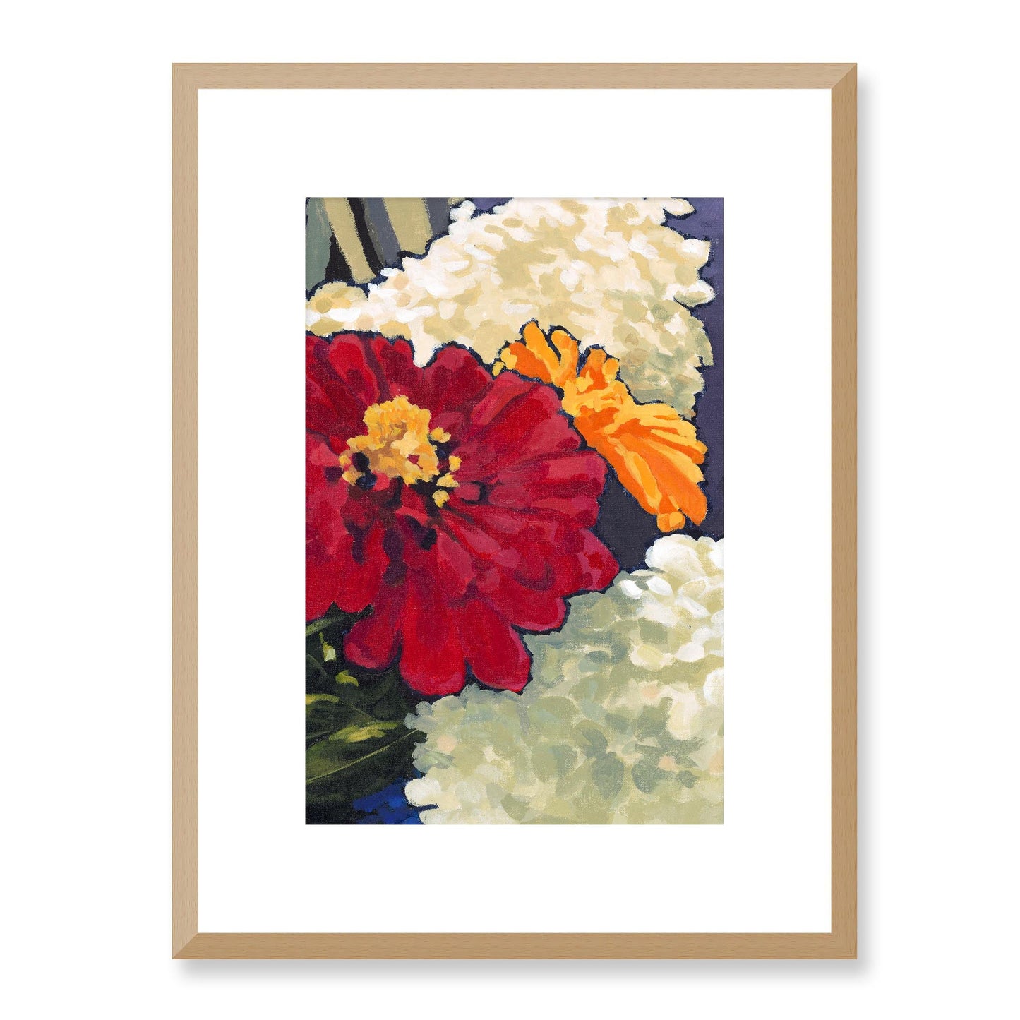 Framed Fine Art Print, White Mat - 12x16 16x22 20x28 24x36 28x40 inches | Hydrangeas & Zinnias in Acrylic, FPV-1030-002, Prints, Fine art, Natural Frame, 30 x 41 cm ,12 x 16 inches