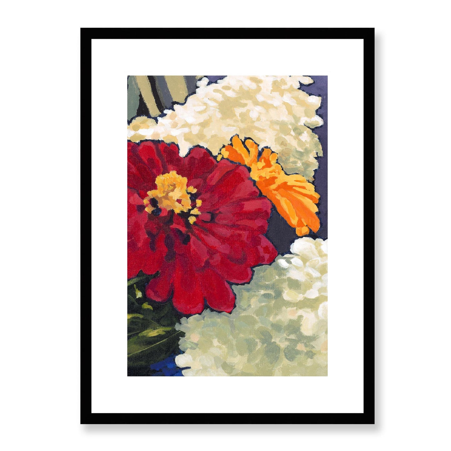 Framed Fine Art Print, White Mat - 12x16 16x22 20x28 24x36 28x40 inches | Hydrangeas & Zinnias in Acrylic, FPV-1030-002, Prints, Fine art, Black Frame, 41 x 56 cm ,16 x 22 inches