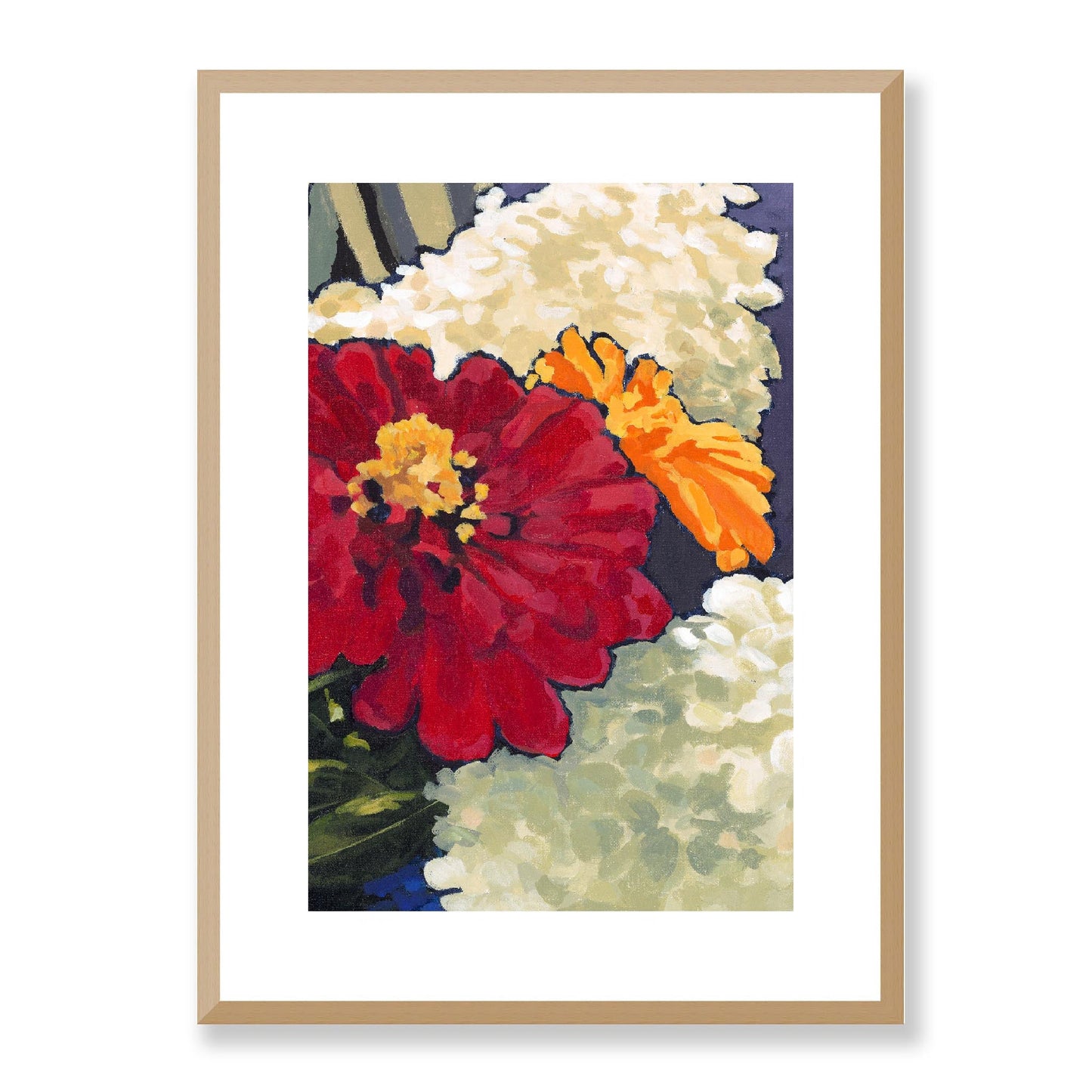 Framed Fine Art Print, White Mat - 12x16 16x22 20x28 24x36 28x40 inches | Hydrangeas & Zinnias in Acrylic, FPV-1030-002, Prints, Fine art, Natural Frame, 41 x 56 cm ,16 x 22 inches
