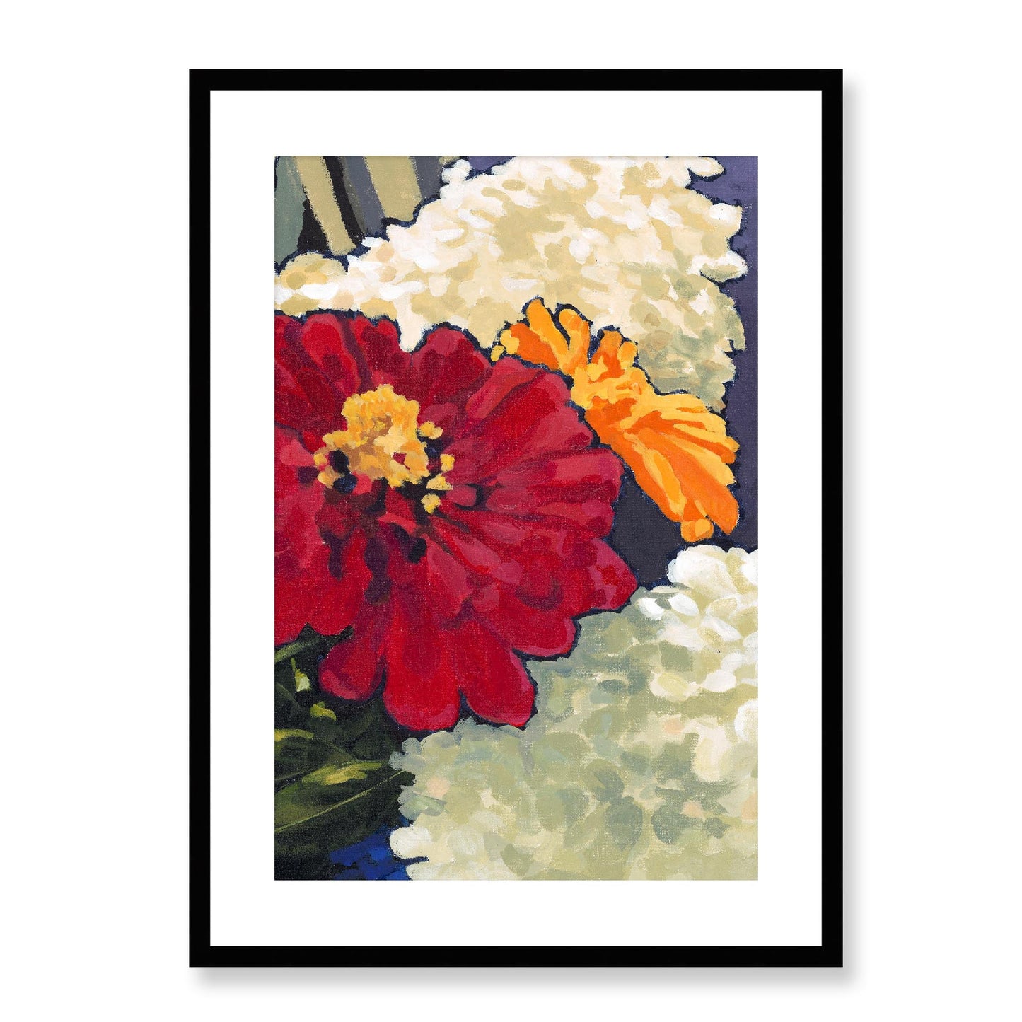 Framed Fine Art Print, White Mat - 12x16 16x22 20x28 24x36 28x40 inches | Hydrangeas & Zinnias in Acrylic, FPV-1030-002, Prints, Fine art, Black Frame, 51 x 71 cm ,20 x 28 inches